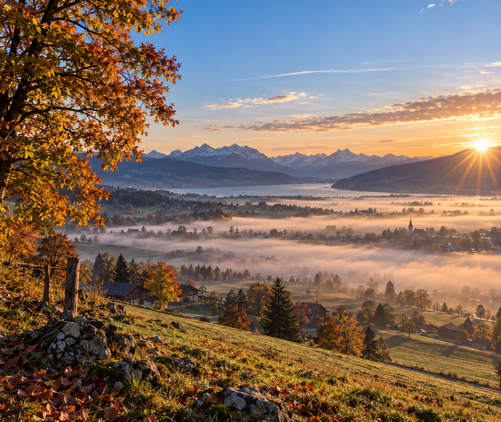 Freundliche österreichische Alpenlandschaft im frühen Herbst mit Sonne und Wolken