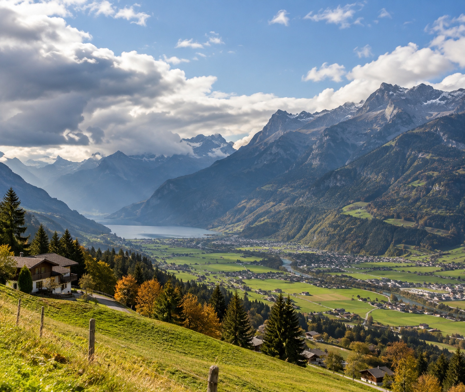 Österreichische Alpenlandschaft mit Sonne und aufziehenden Wolken