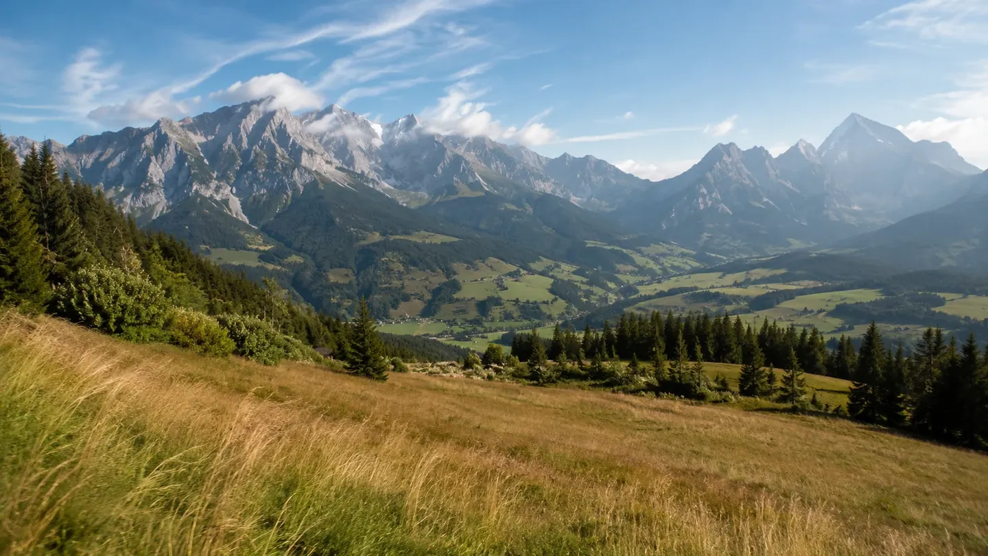 Sonnige österreichische Alpenlandschaft mit Bergwiesen und hohen Gipfeln