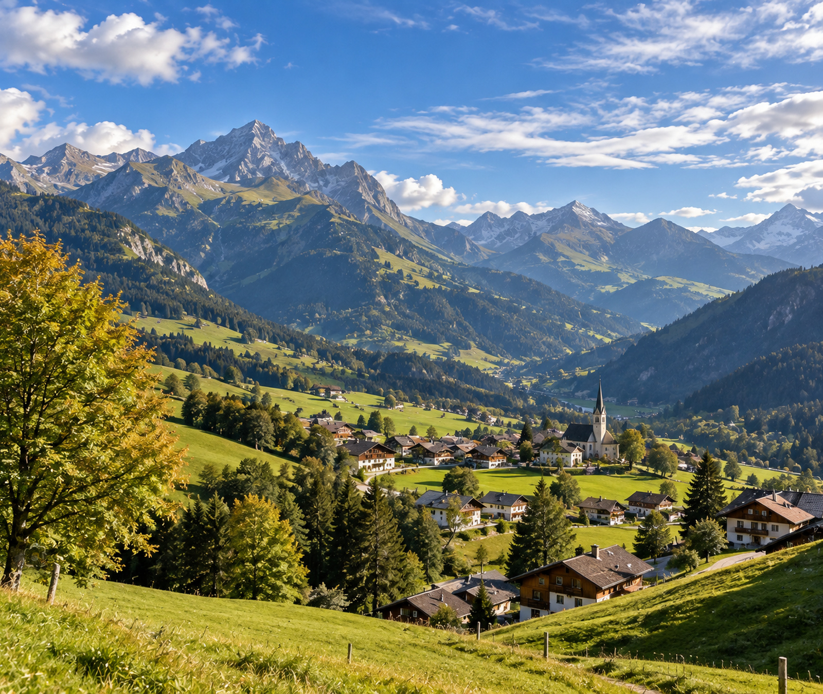 Sonnige österreichische Alpenlandschaft mit grünen Wiesen und wenigen Wolken