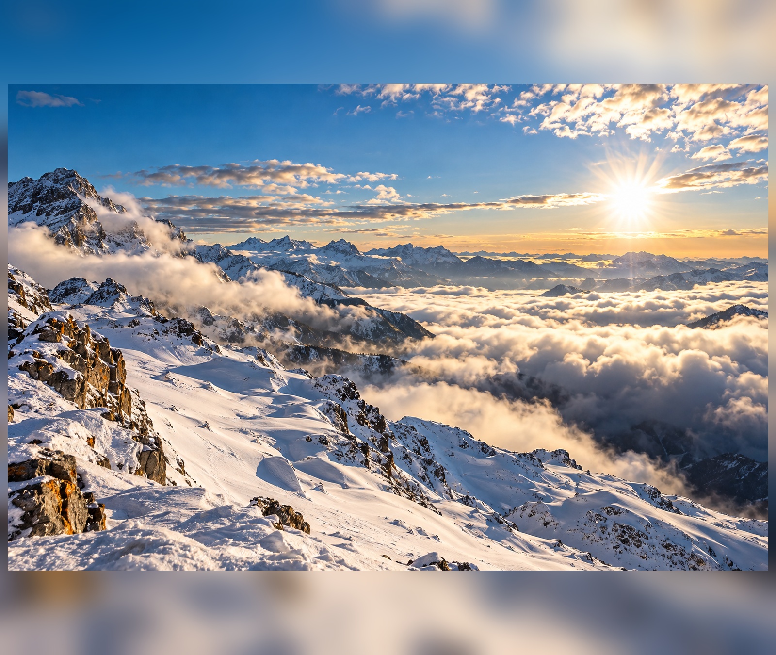 Sonnige Hochalpen über einem Wolken- und Nebelmeer als Symbolbild für Hochdruck-Bergwetter in Österreich.