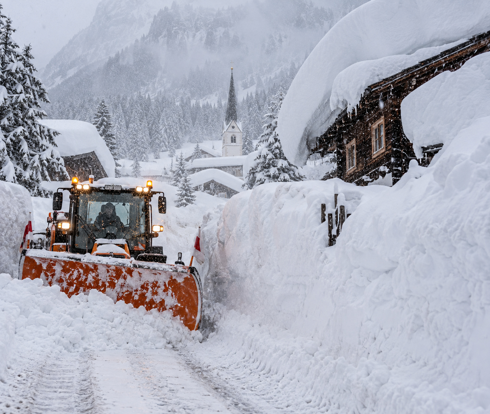 Extremer Schneefall in einem österreichischen Alpendorf mit hohen Schneewänden und Schneepflug