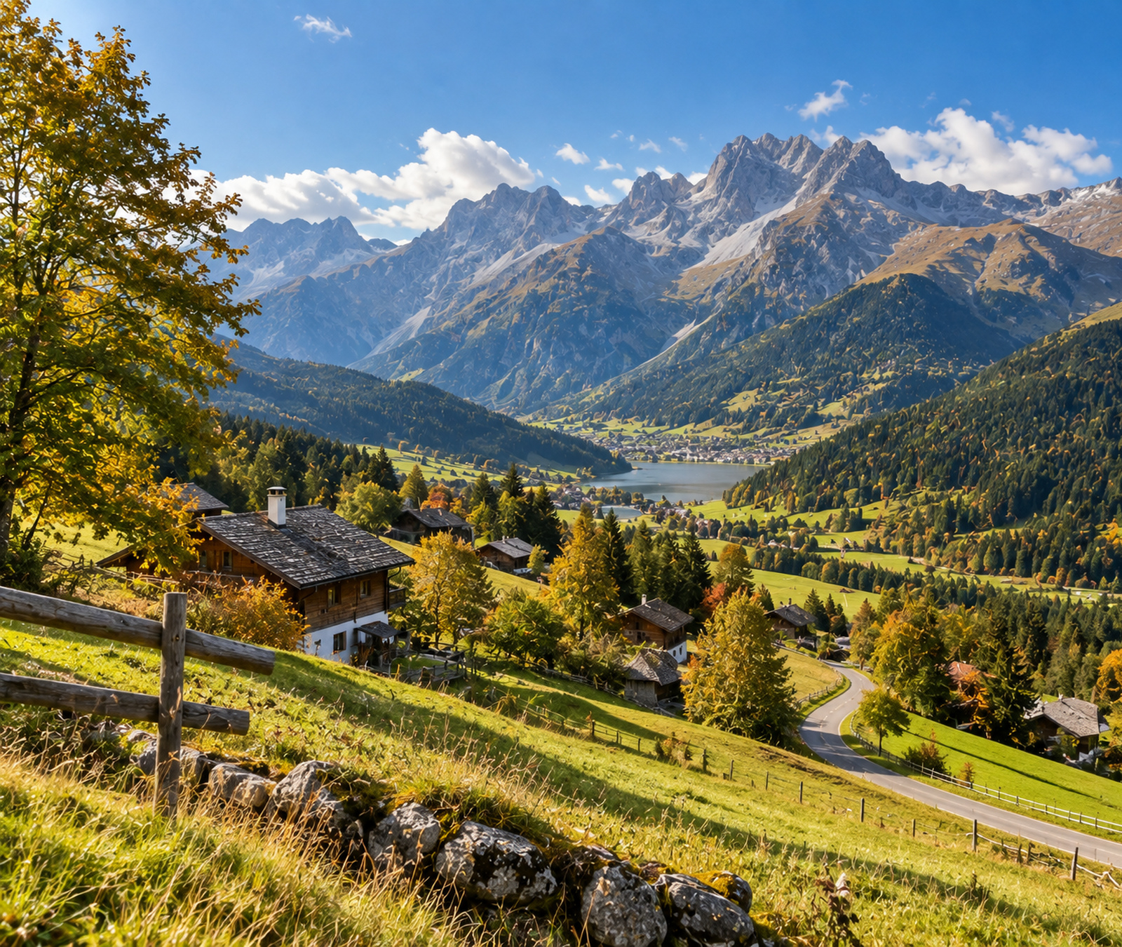 Österreichisches Alpental im Frühherbst mit grünen Hängen, Felsbergen und sonnigen Auflockerungen