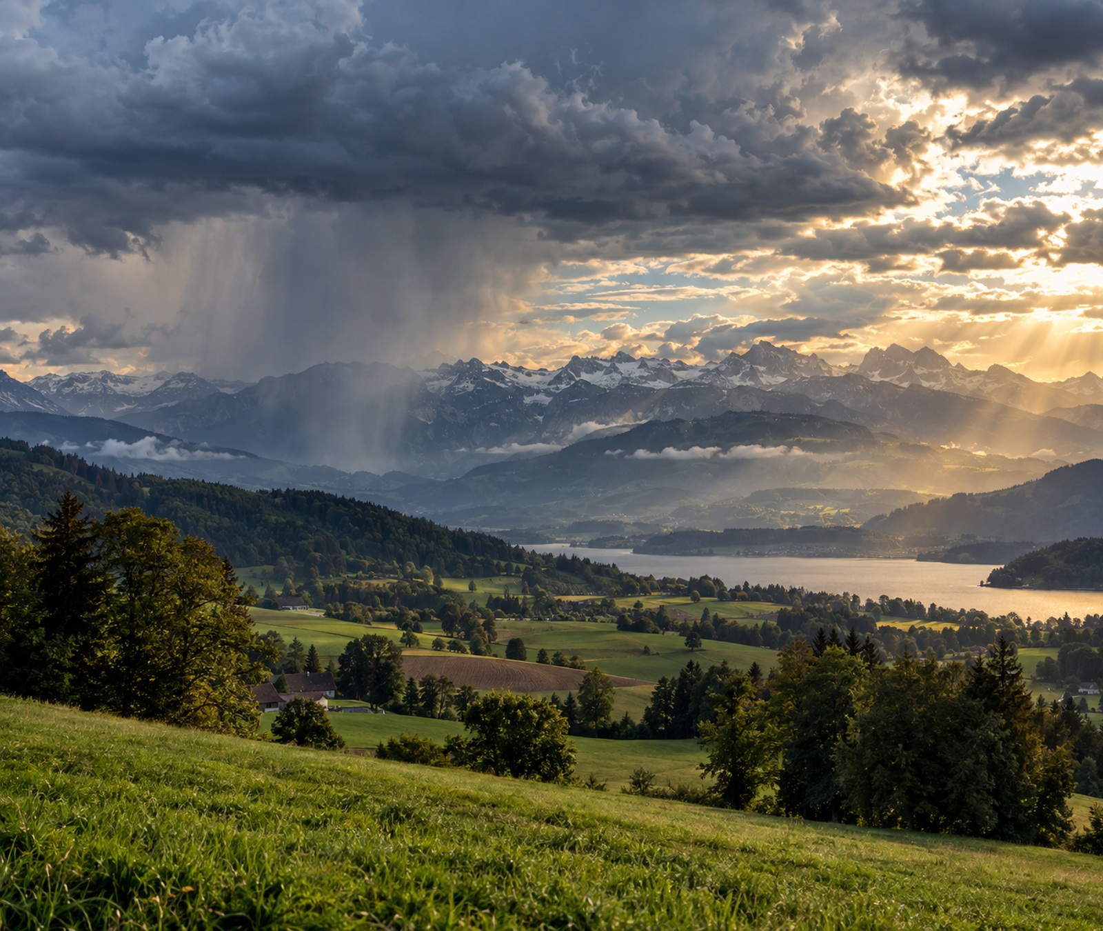 Grüne österreichische Alpen- und Seenlandschaft mit Sonne, Wolken und lokalen Regenschauern in der Ferne