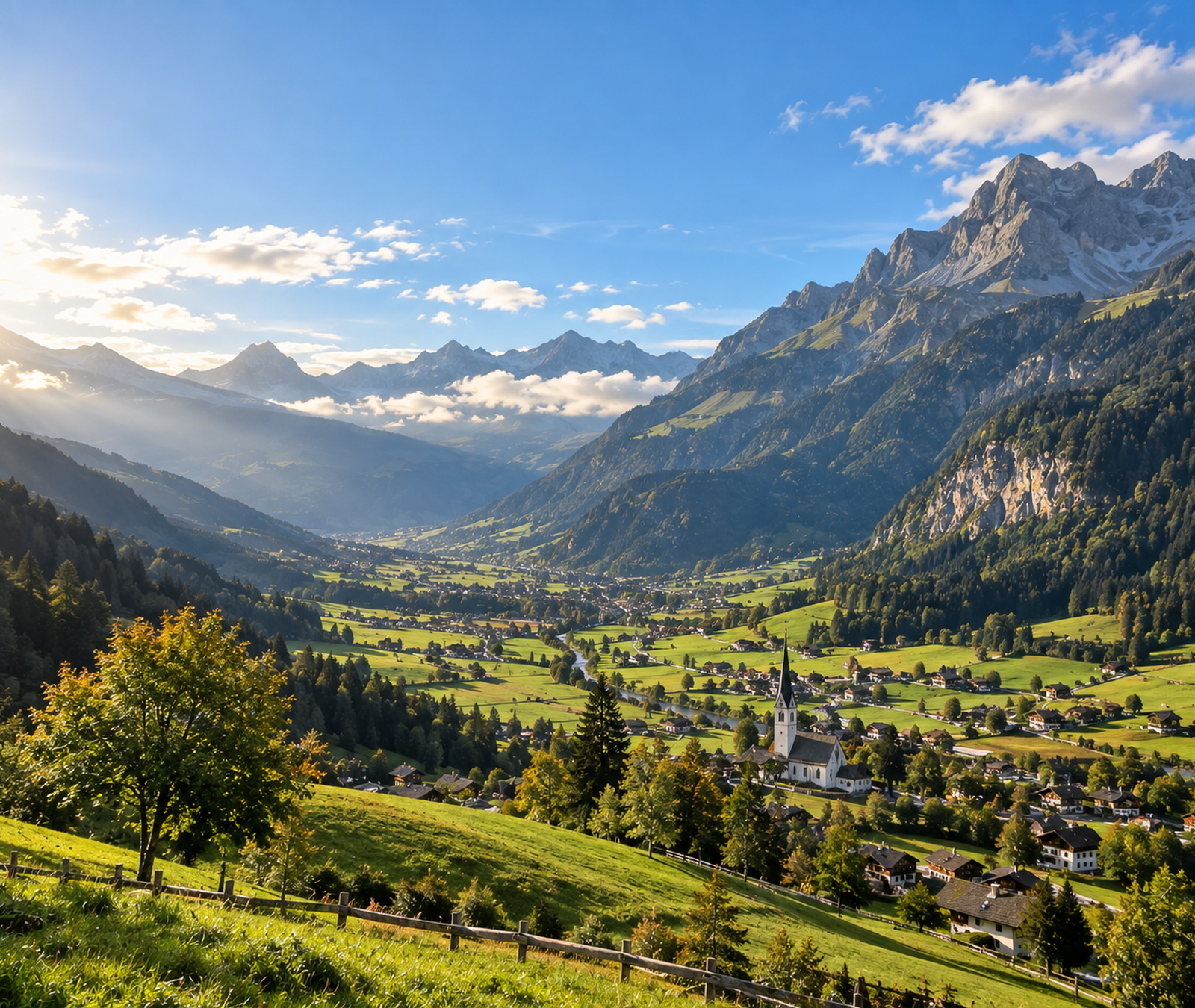 Sonnige grüne österreichische Alpenlandschaft mit Dorf und wolkenarmem Himmel