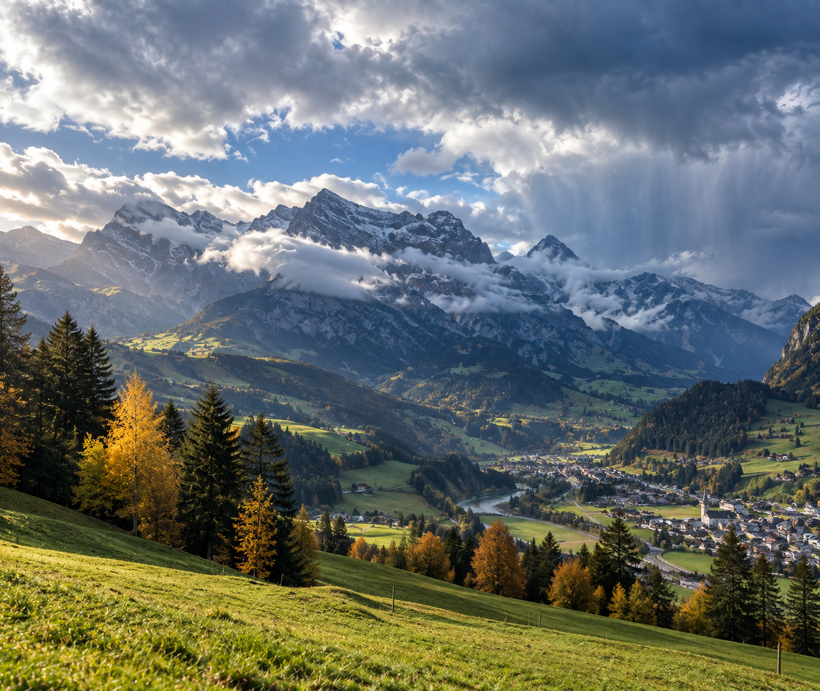 Österreichische Alpenlandschaft mit Sonne, dichten Wolken und einzelnen Schauern