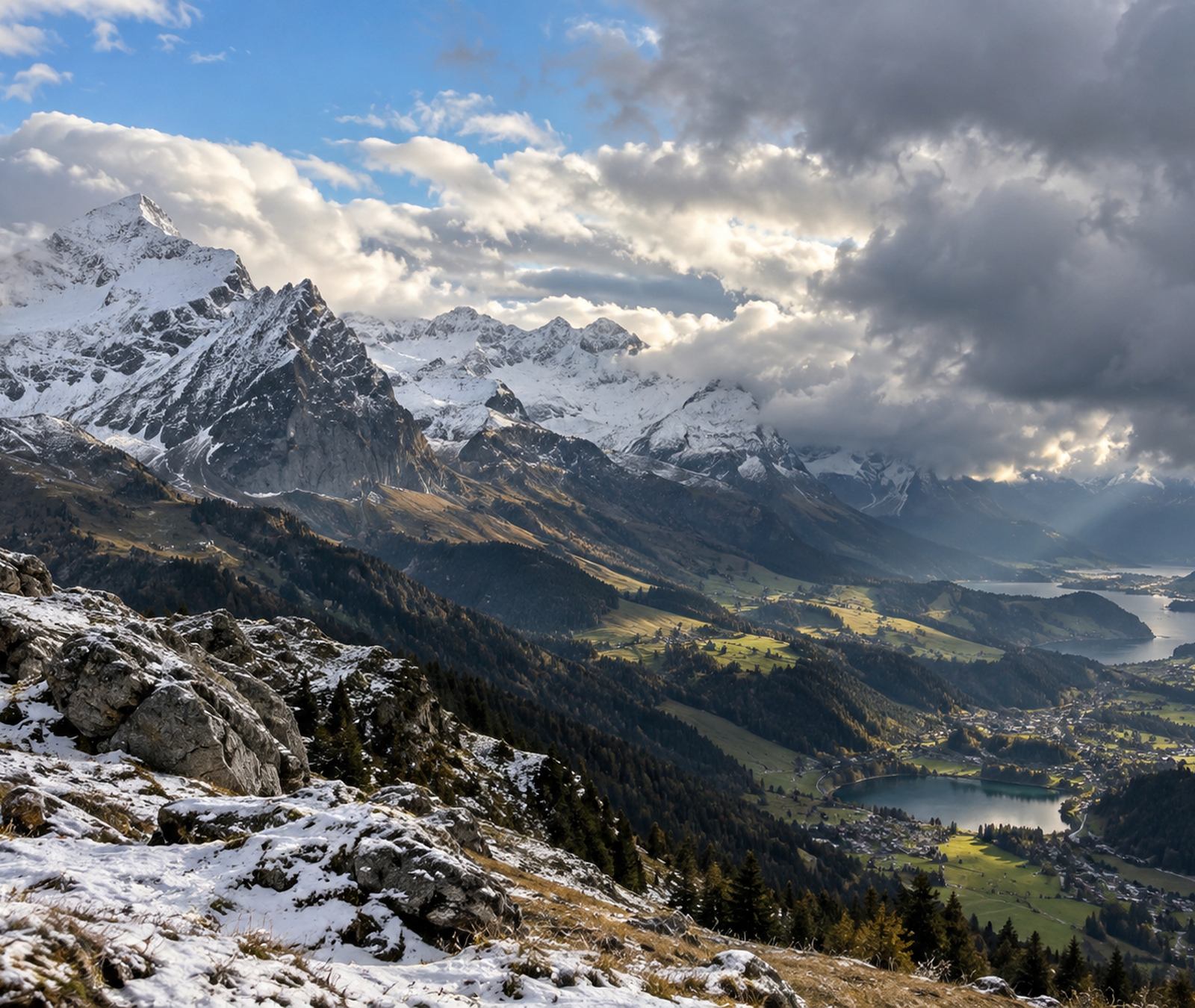 Österreichisches Alpental mit Wolken, Sonne und herbstlicher Stimmung