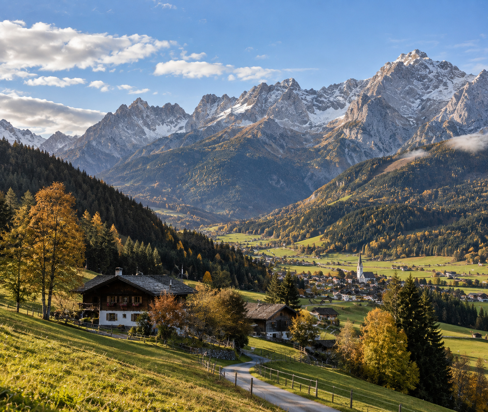 Österreichisches Alpental im Frühherbst mit grünen Wiesen, Chalets und sonnigen Bergen