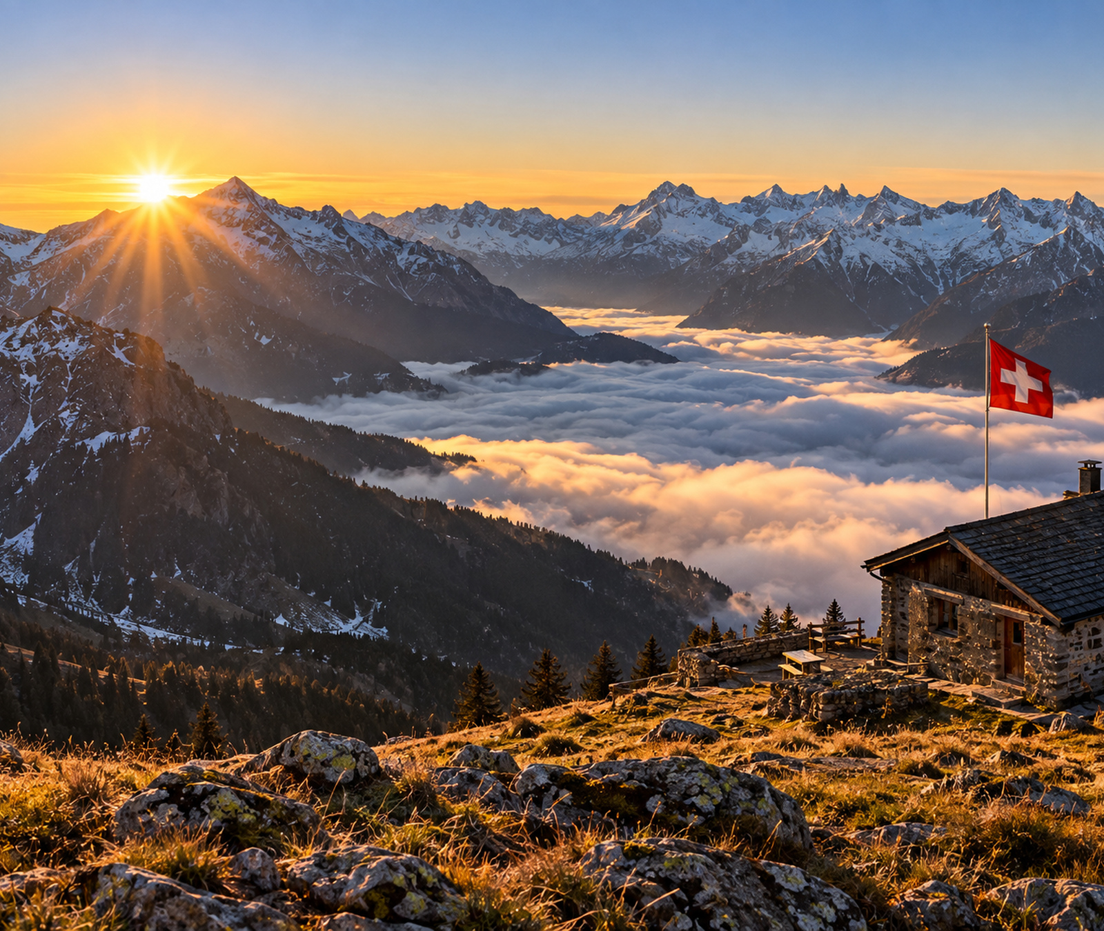 Österreichisches Alpental im frühen Herbst mit Sonne und lockeren Wolken