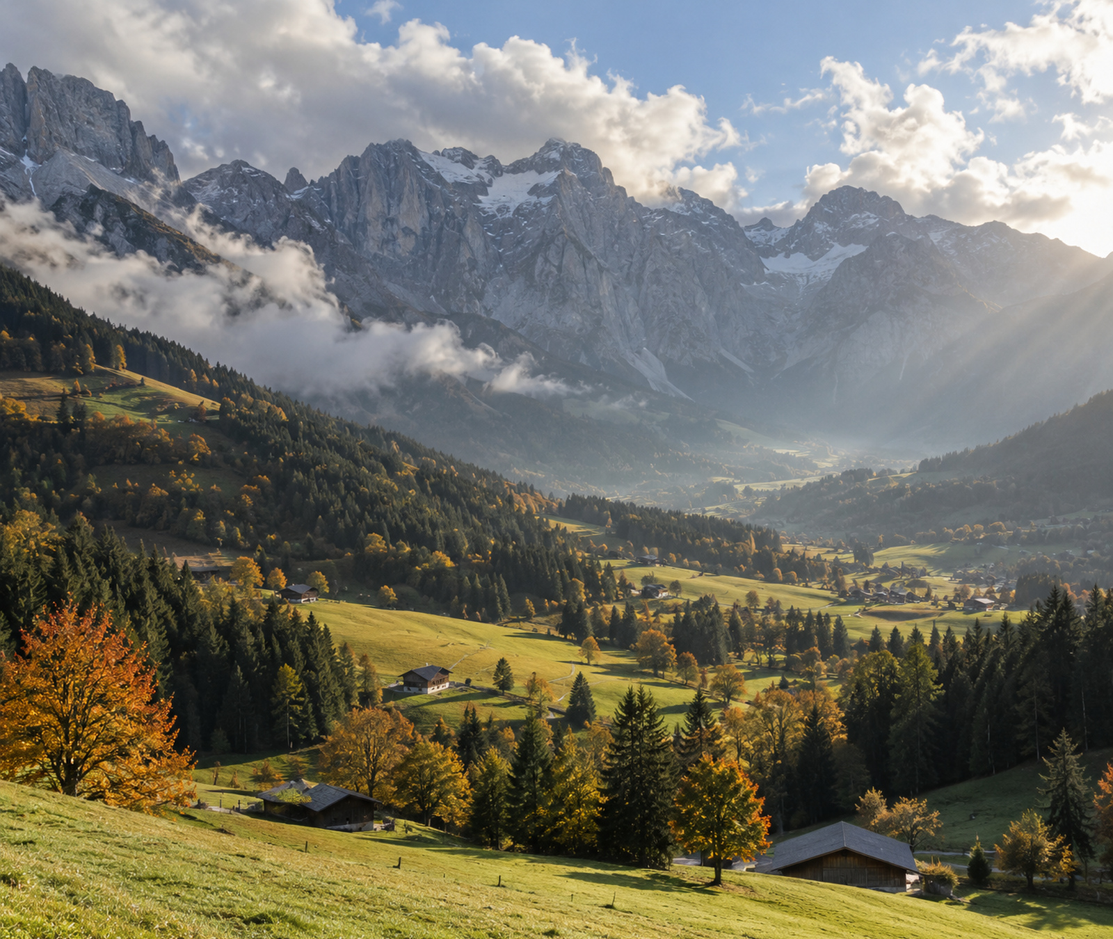 Österreichische Alpenlandschaft mit grünen Tälern, Herbstfarben und sonnigen Auflockerungen