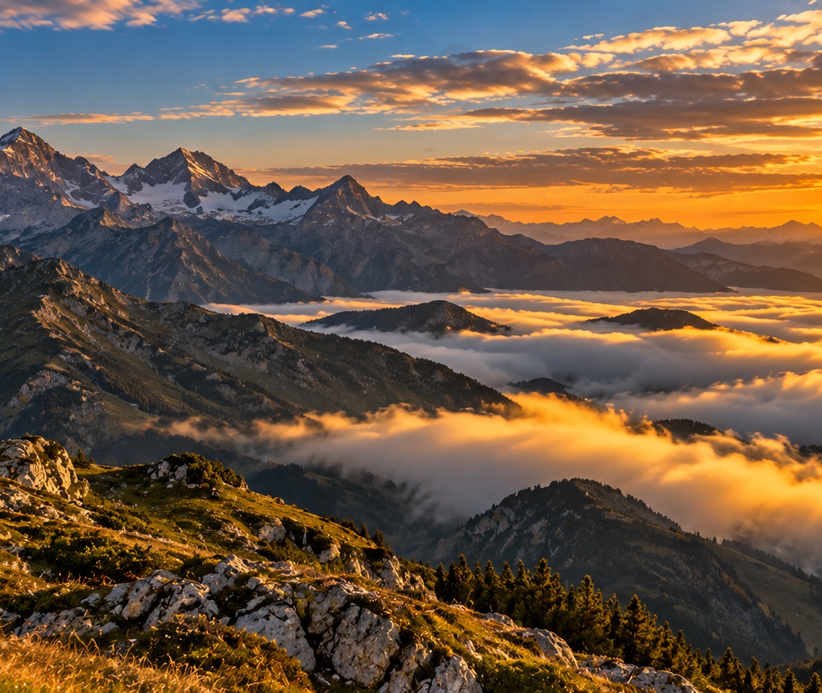 Österreichische Alpen im herbstlichen Abendlicht mit grünen Tälern und nur wenigen Schneefeldern auf hohen Gipfeln