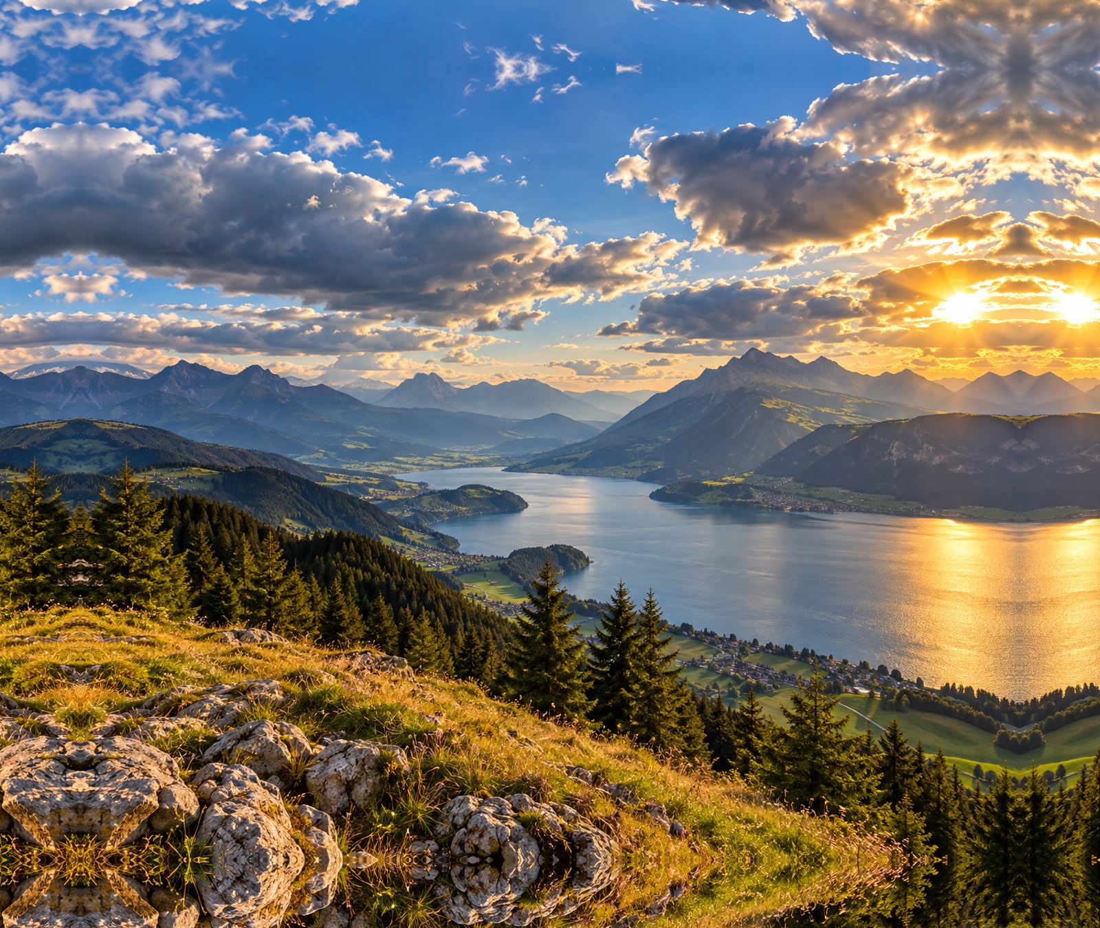 Österreichische Alpenlandschaft mit grünen Tälern und sonnigen Auflockerungen