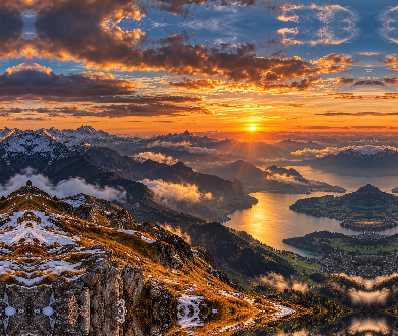 Sonnenuntergang über einer alpinen Berg- und Seenlandschaft als Symbolbild für das milde Österreichwetter.