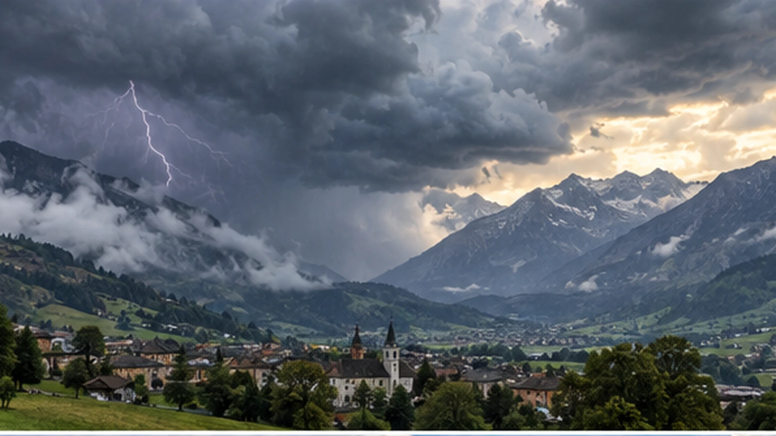 Gewitterwolken und Regen über einem alpinen Tal als neutrales Symbolbild für Österreich