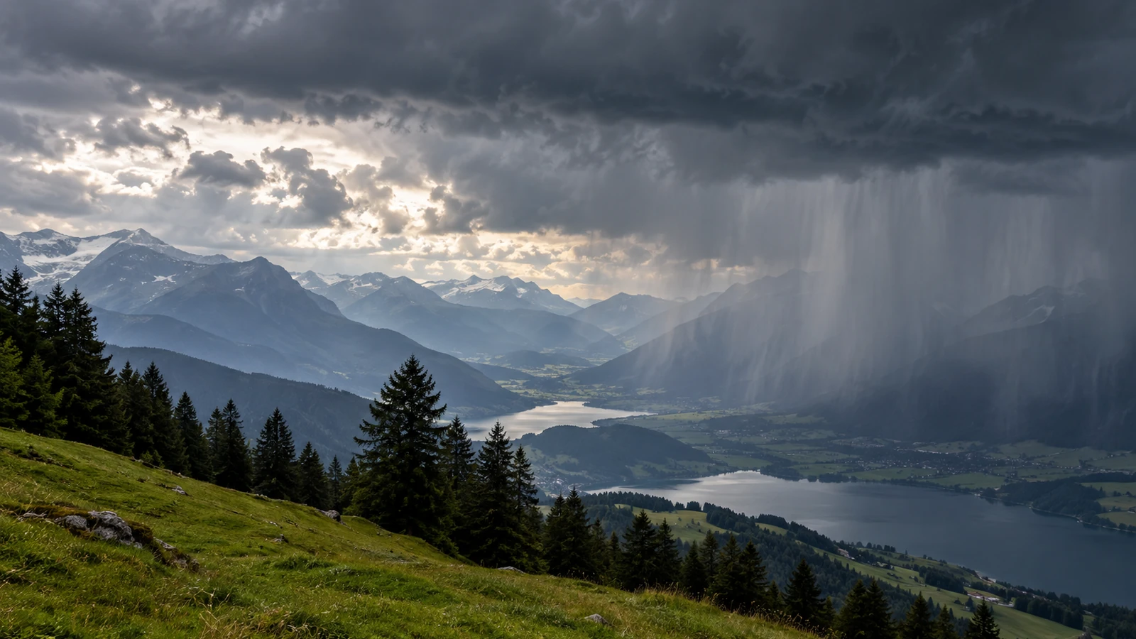 Dichte Regenwolken über einer alpinen Landschaft mit ersten Auflockerungen als Symbolbild für Österreich