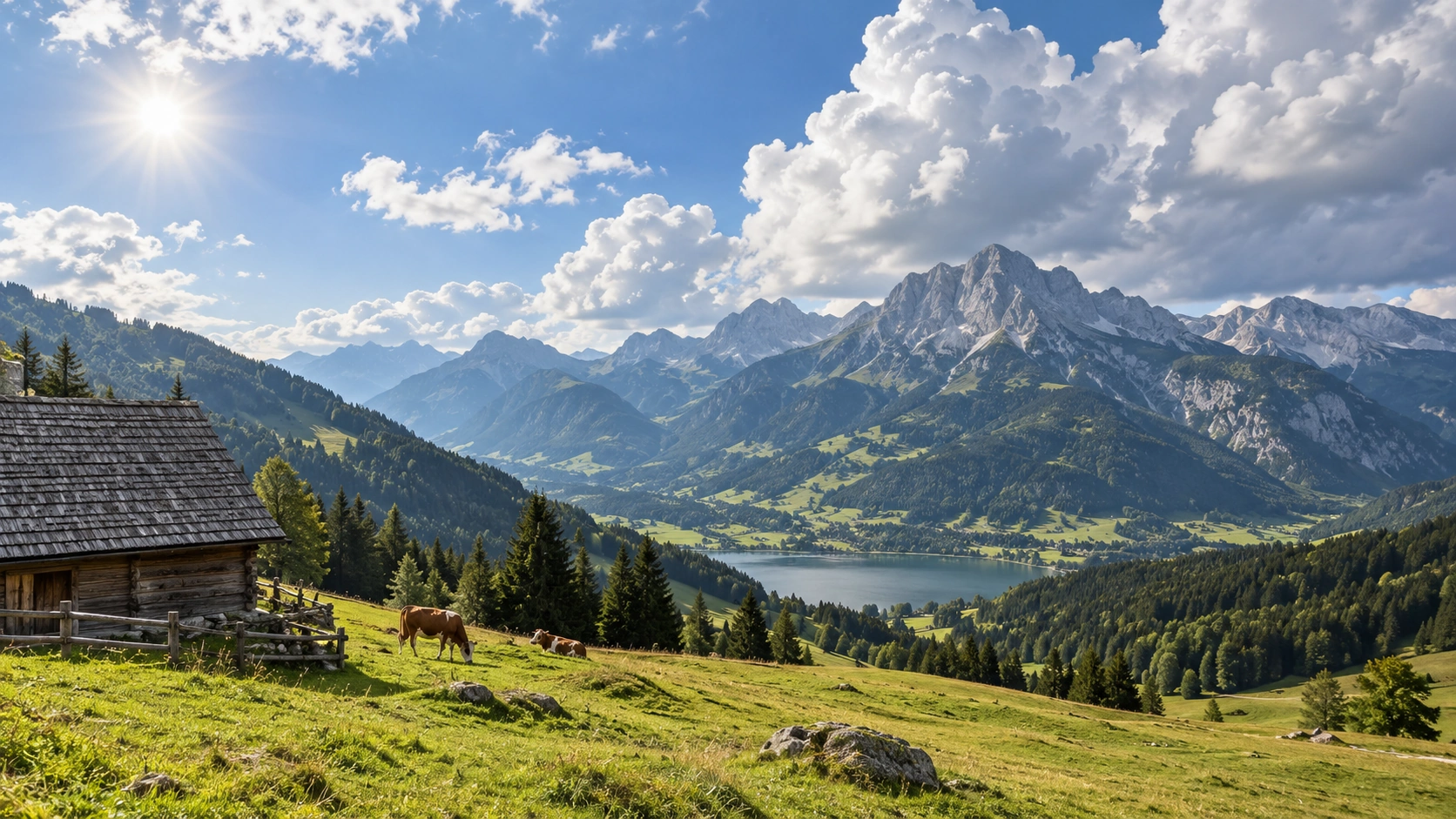 Österreichische Alpenlandschaft mit Bergsee, Almwiesen und Quellwolken als Symbolbild für freundliches Bergwetter