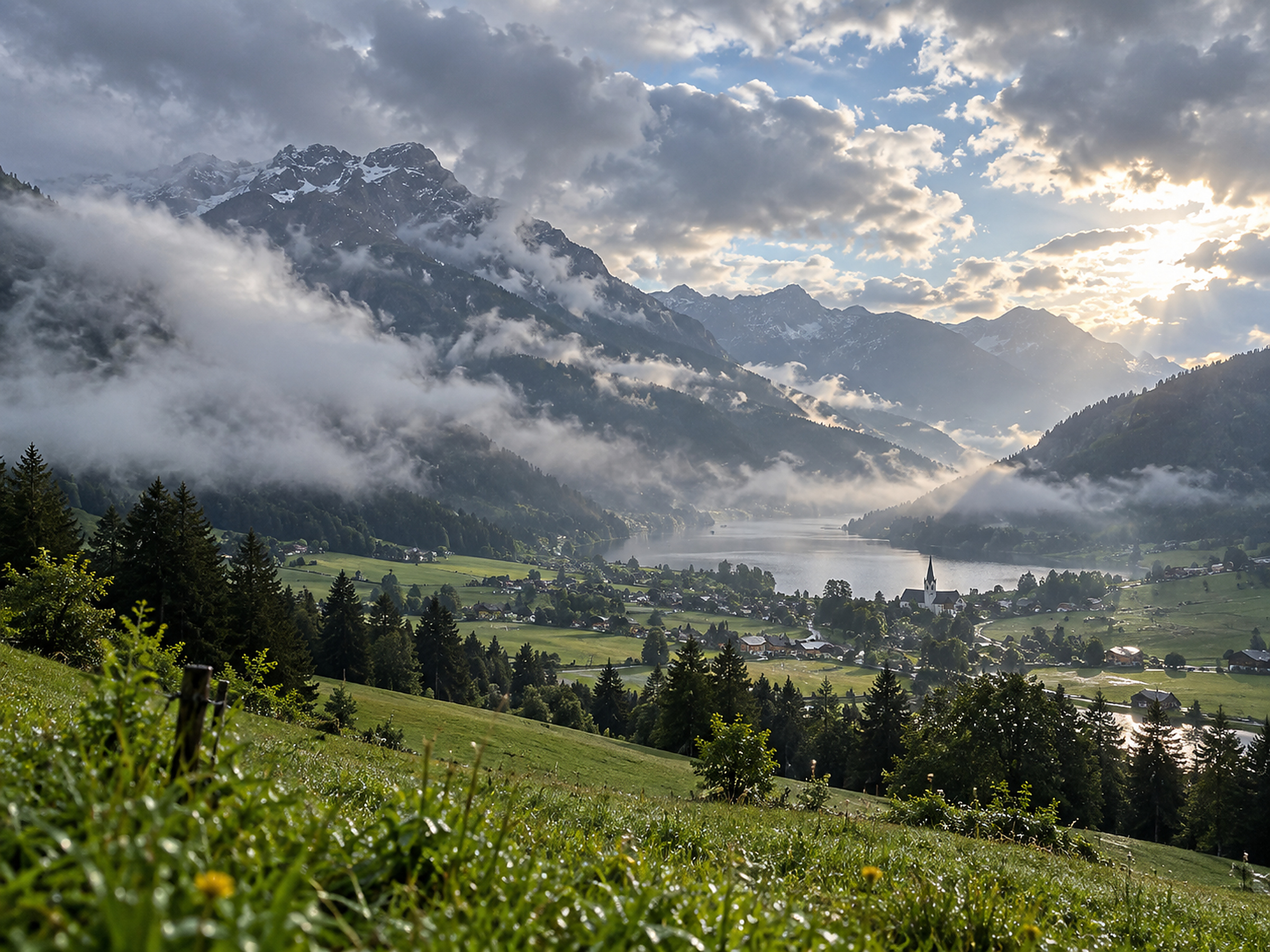 Realistisch aufgebaute redaktionelle Wetterillustration für Österreich mit nassem Alpenstart und späteren Auflockerungen