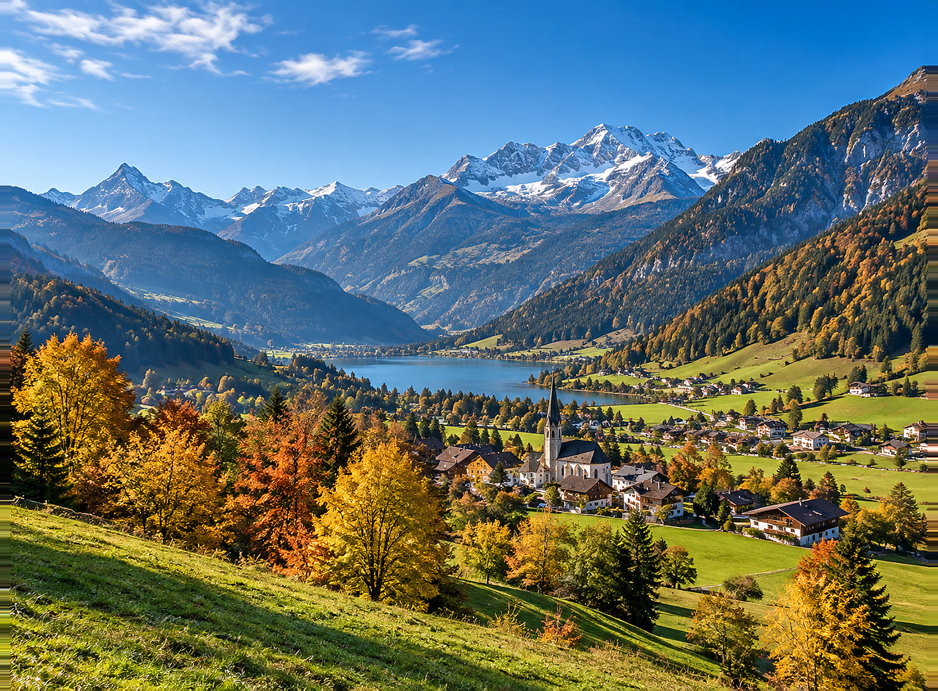 Sonnige österreichische Alpenlandschaft mit Dorf, See und herbstlichen Farben