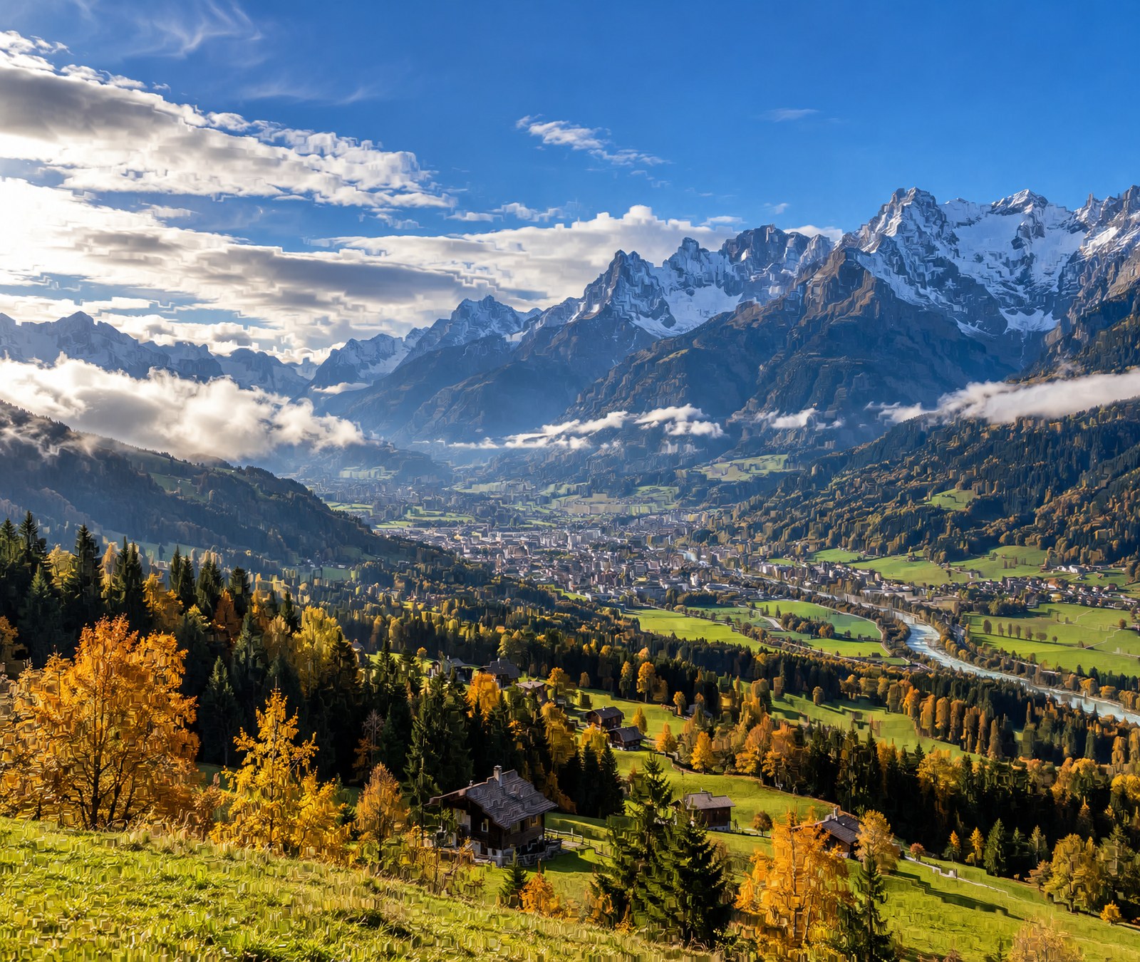 Herbstliche österreichische Alpenlandschaft mit See und Bergwald als Symbolbild für das sonnige Hochdruckwetter.