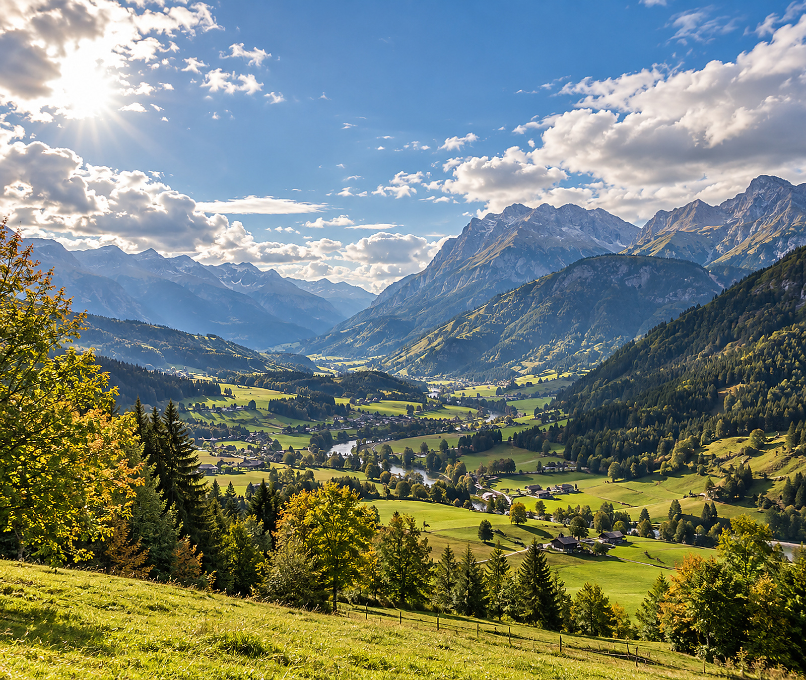 Sonniges österreichisches Alpental mit grünen Wiesen und felsigen Bergen