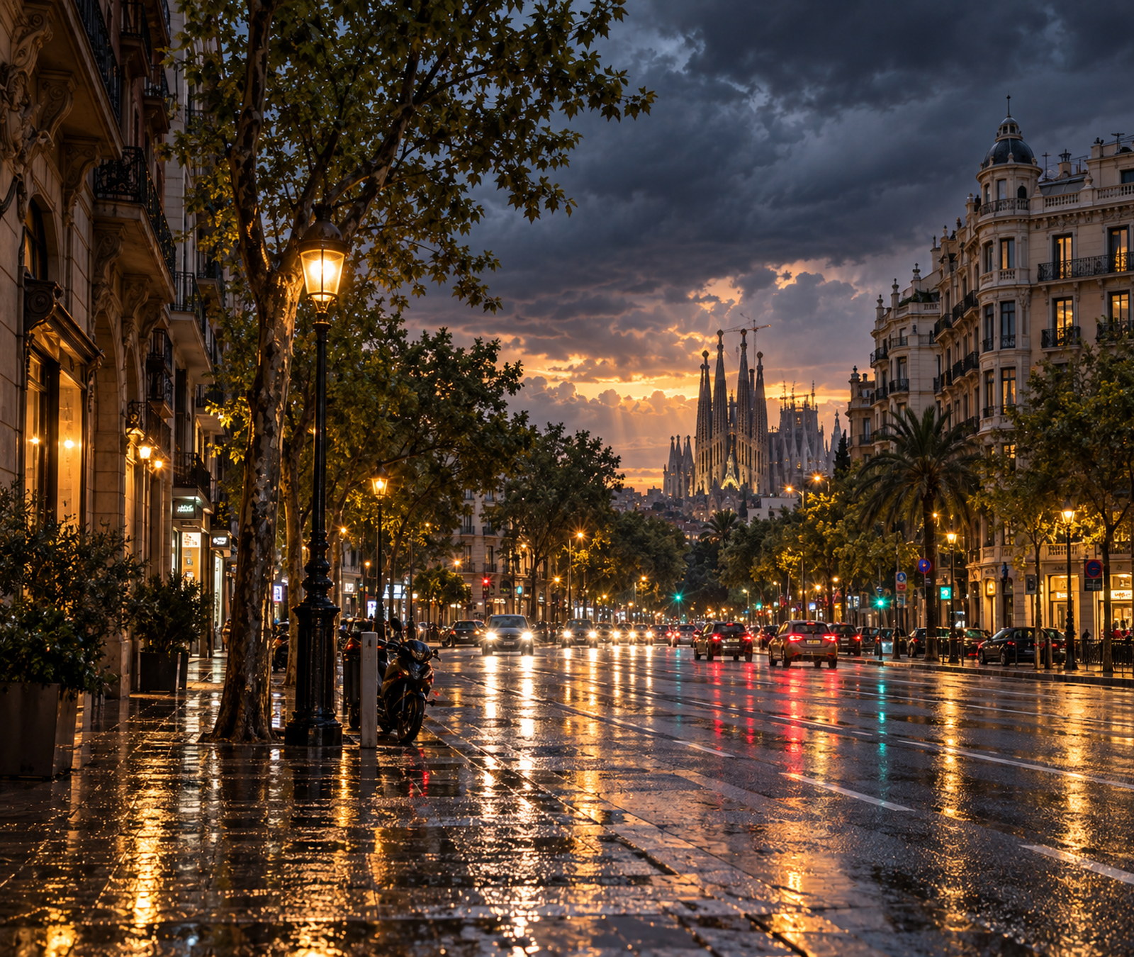 Nasse Straße in Barcelona unter dunklen abziehenden Wolken nach dem nächtlichen Unwetter.