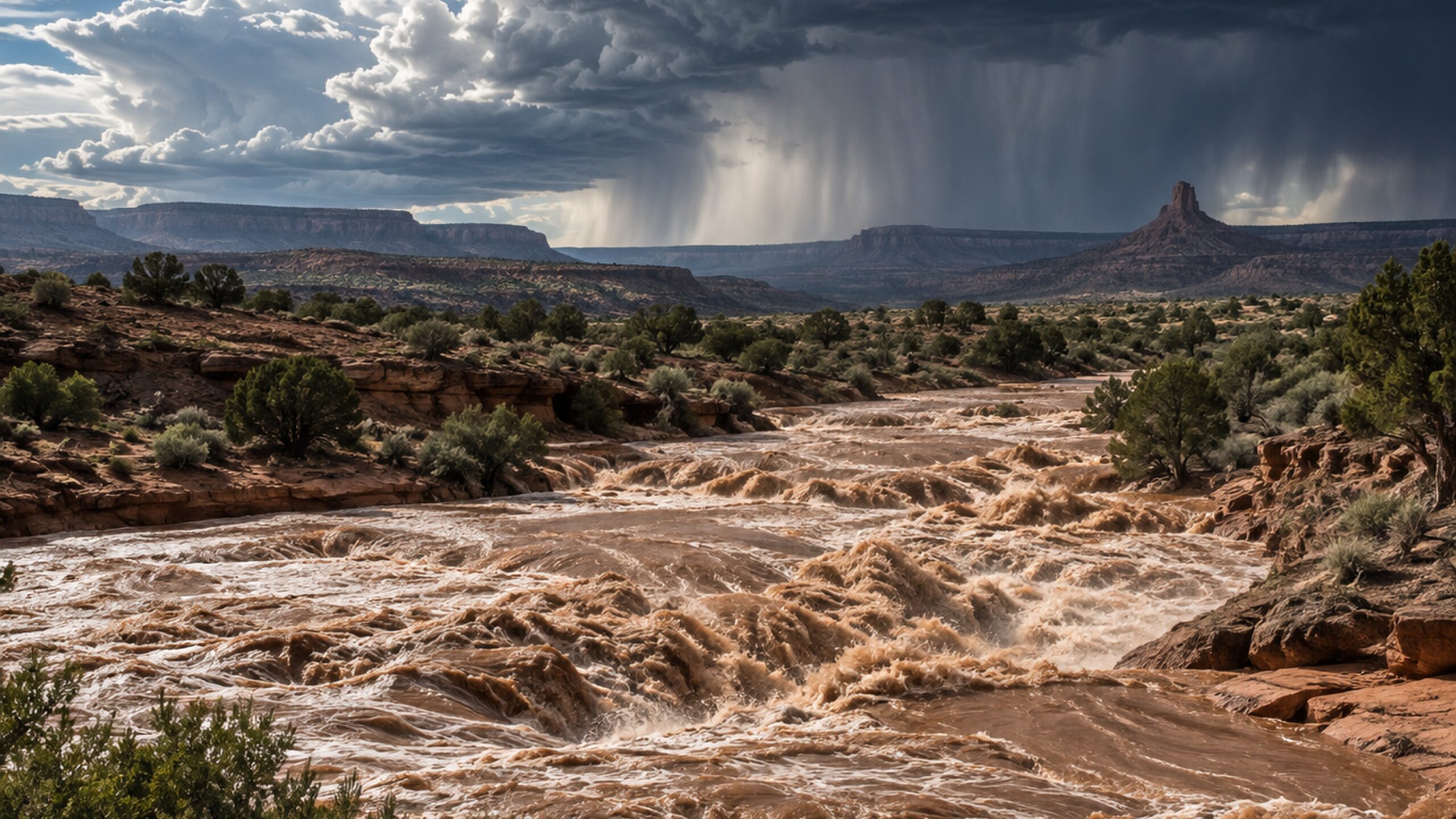 Reissende Sturzflut vor roten Felsplateaus und dunklen Gewitterwolken in New Mexico