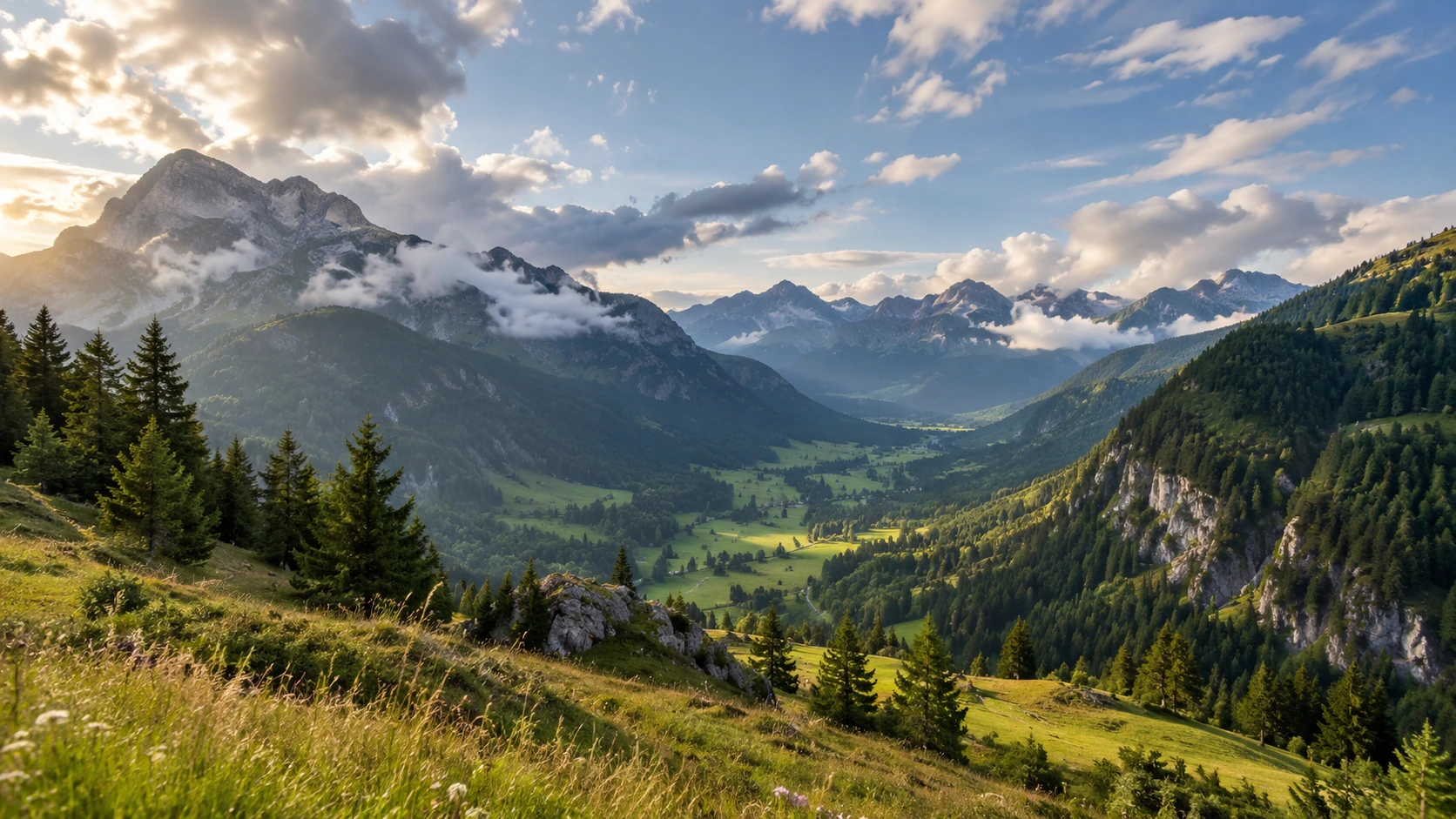 Österreichisches Alpental mit sonnigen Abschnitten und Wolken an den Bergen.