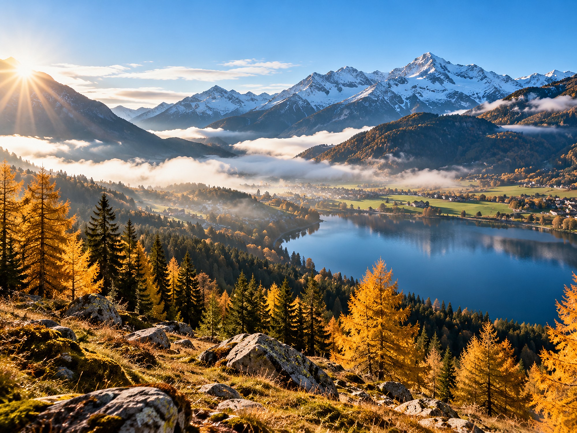 Sonnige österreichische Alpen- und Seenlandschaft im Frühherbst als Wetter-Symbolbild.