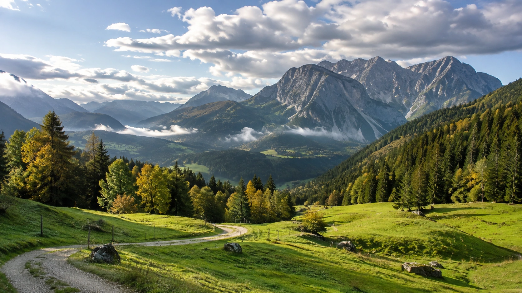 Grüne österreichische Almwiesen mit markanten Kalkbergen und lockeren Wolken.