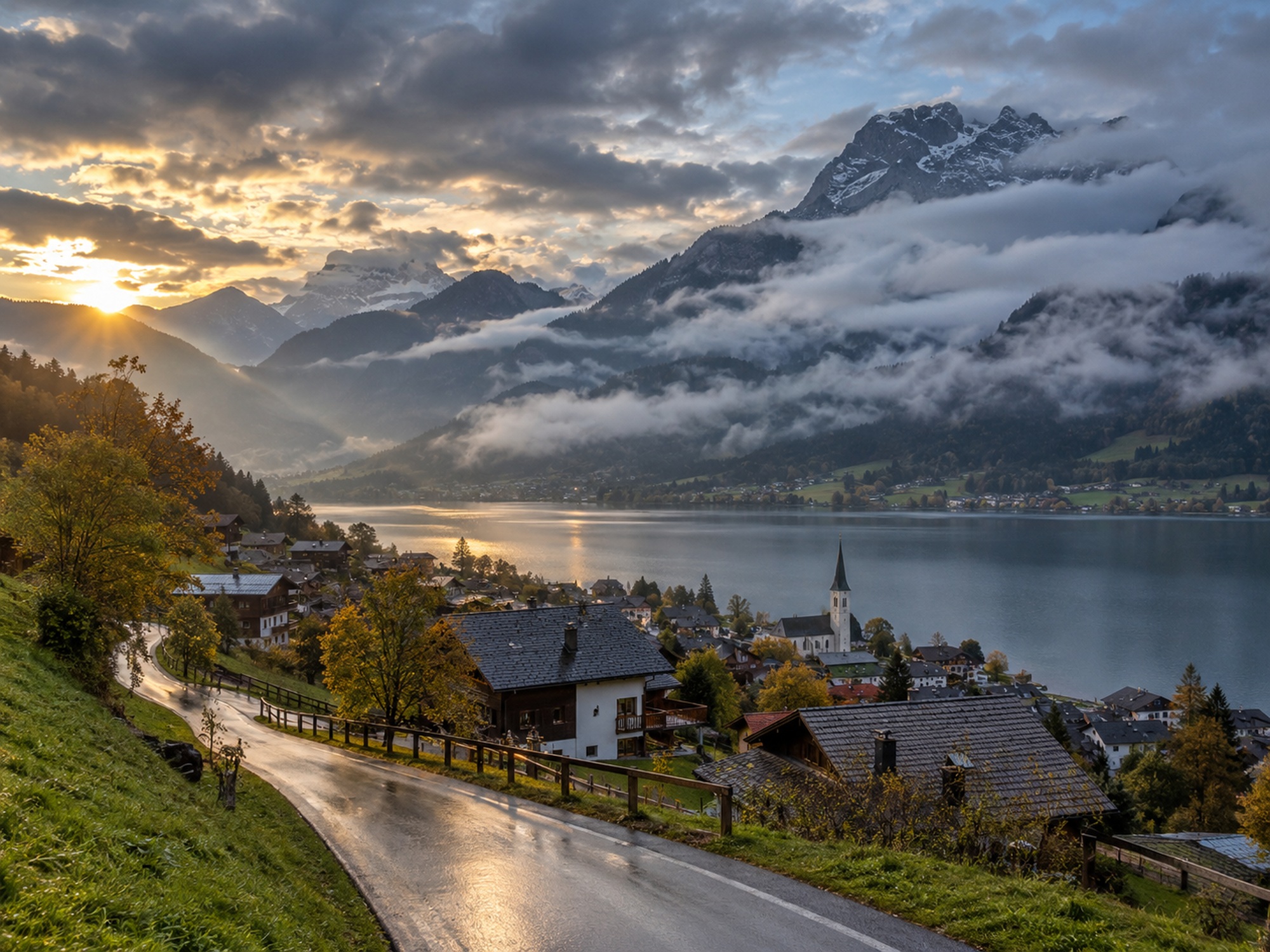 Österreichische Berglandschaft mit Wolken, nasser Strasse und Auflockerungen