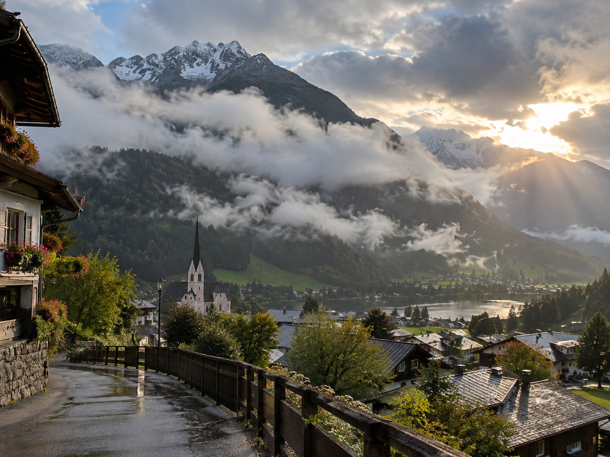 Österreichisches Alpendorf nach Regen mit Wolken, Nebelschwaden und Sonnenlicht