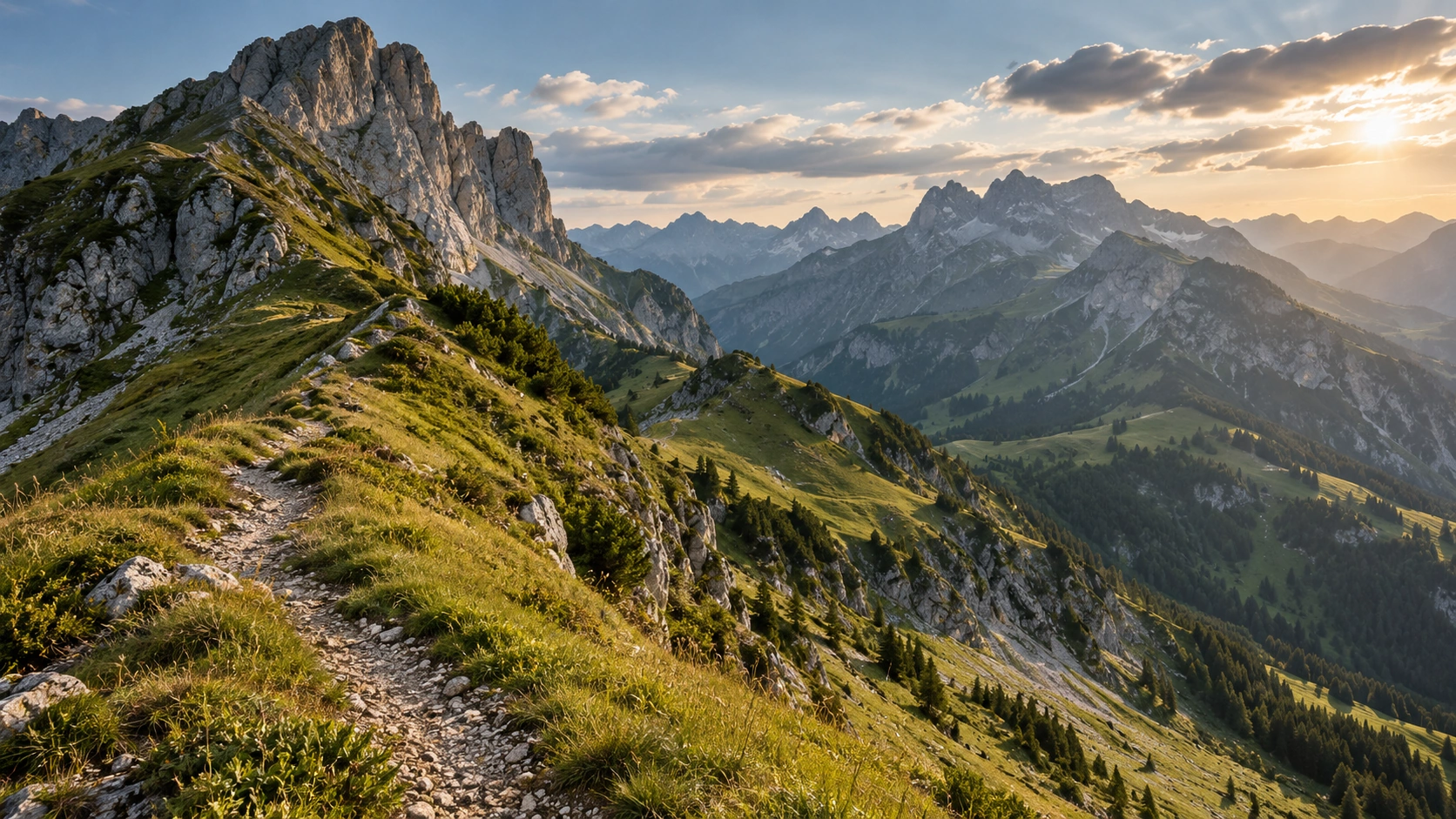 Sonniger felsiger Alpenkamm mit grünen Bergwiesen und weiter Bergkulisse im warmen Abendlicht.