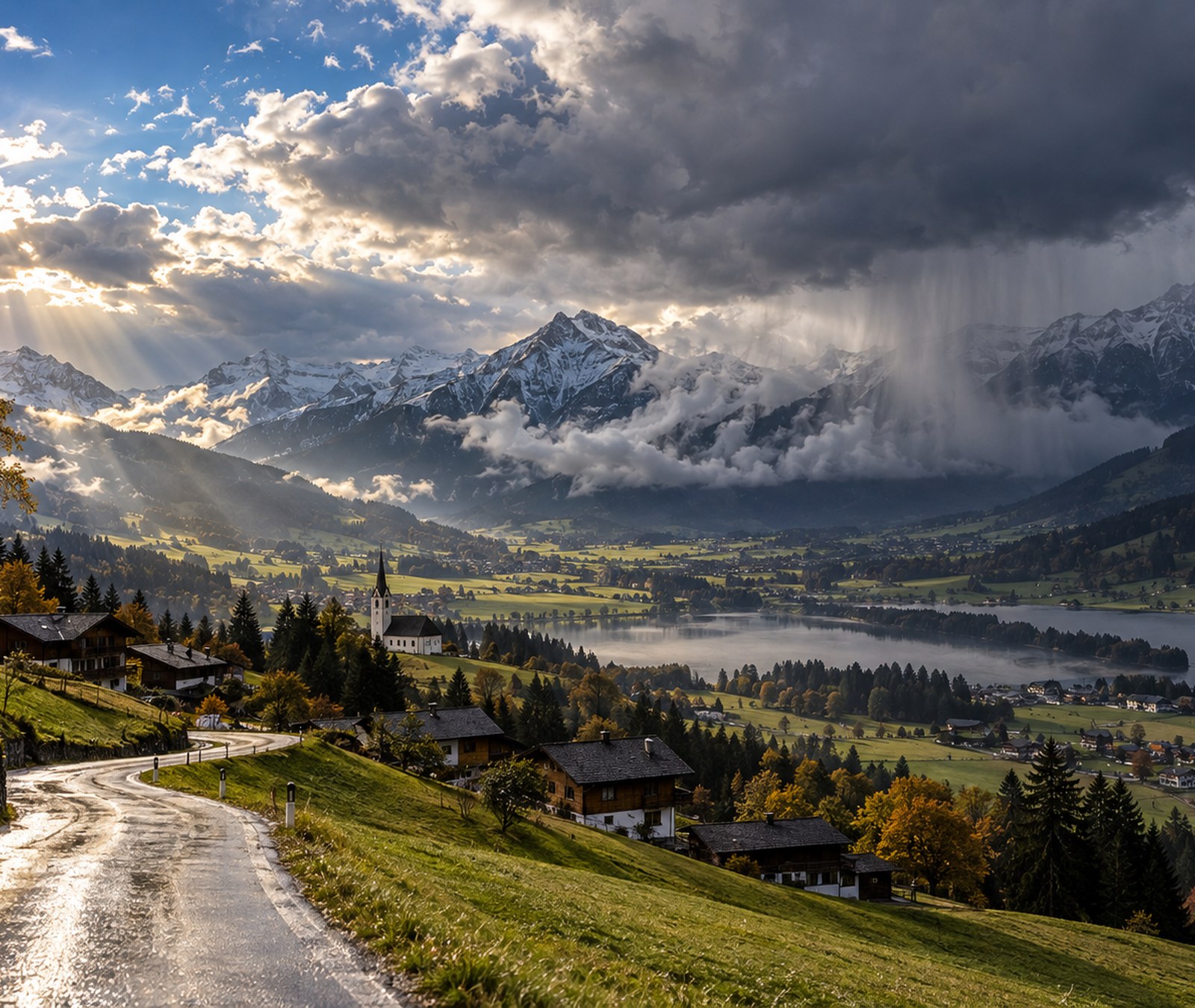 Österreichische Alpenlandschaft nach Regen mit tiefen Wolken und sonnigen Auflockerungen.