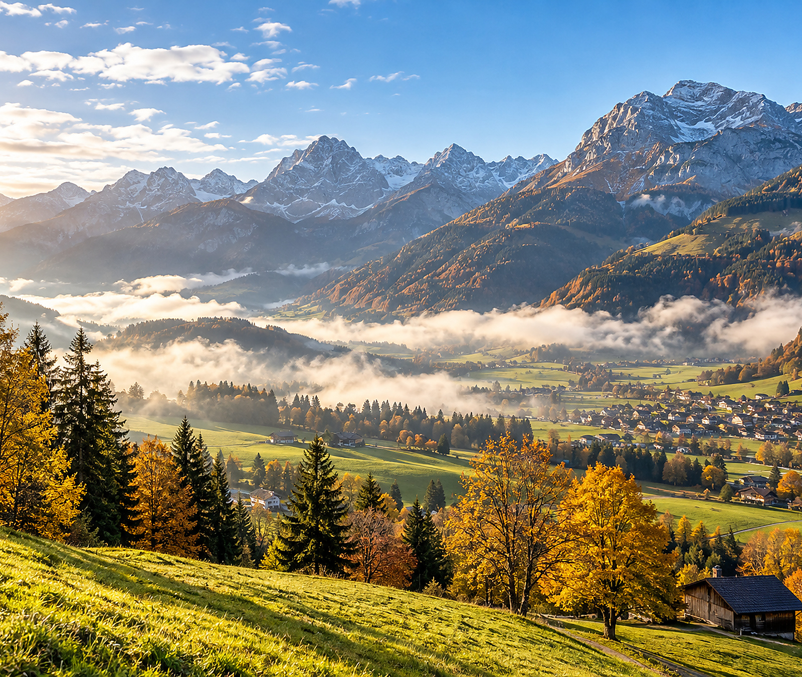 Sonniges österreichisches Alpental mit Herbstfarben und letzten Nebelfeldern