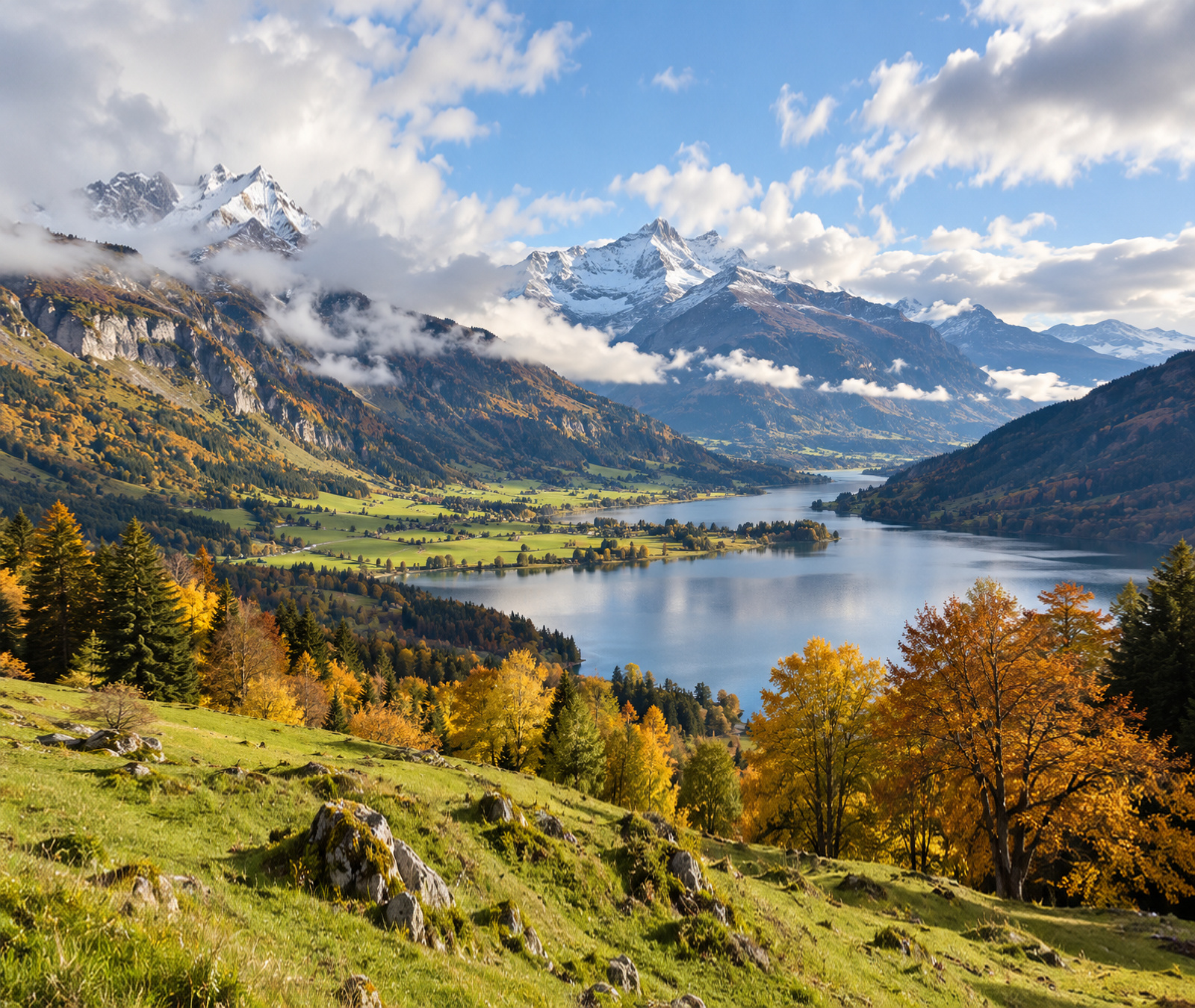 Österreichisches Alpental im Herbst mit Bergsee, goldenen Bäumen und lockeren Wolken