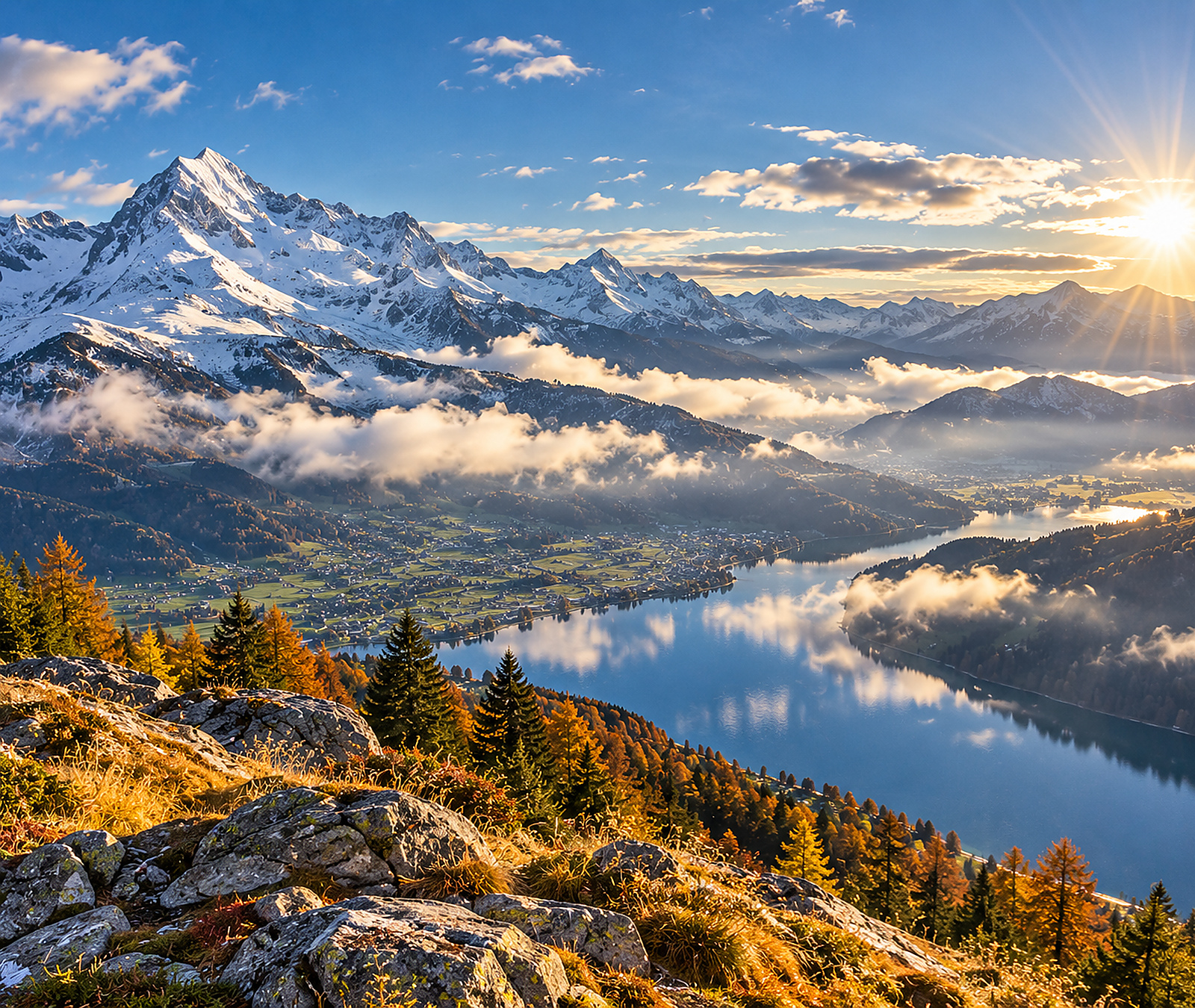 Sonniges österreichisches Alpental mit herbstlicher Vegetation, See und wenigen Wolken
