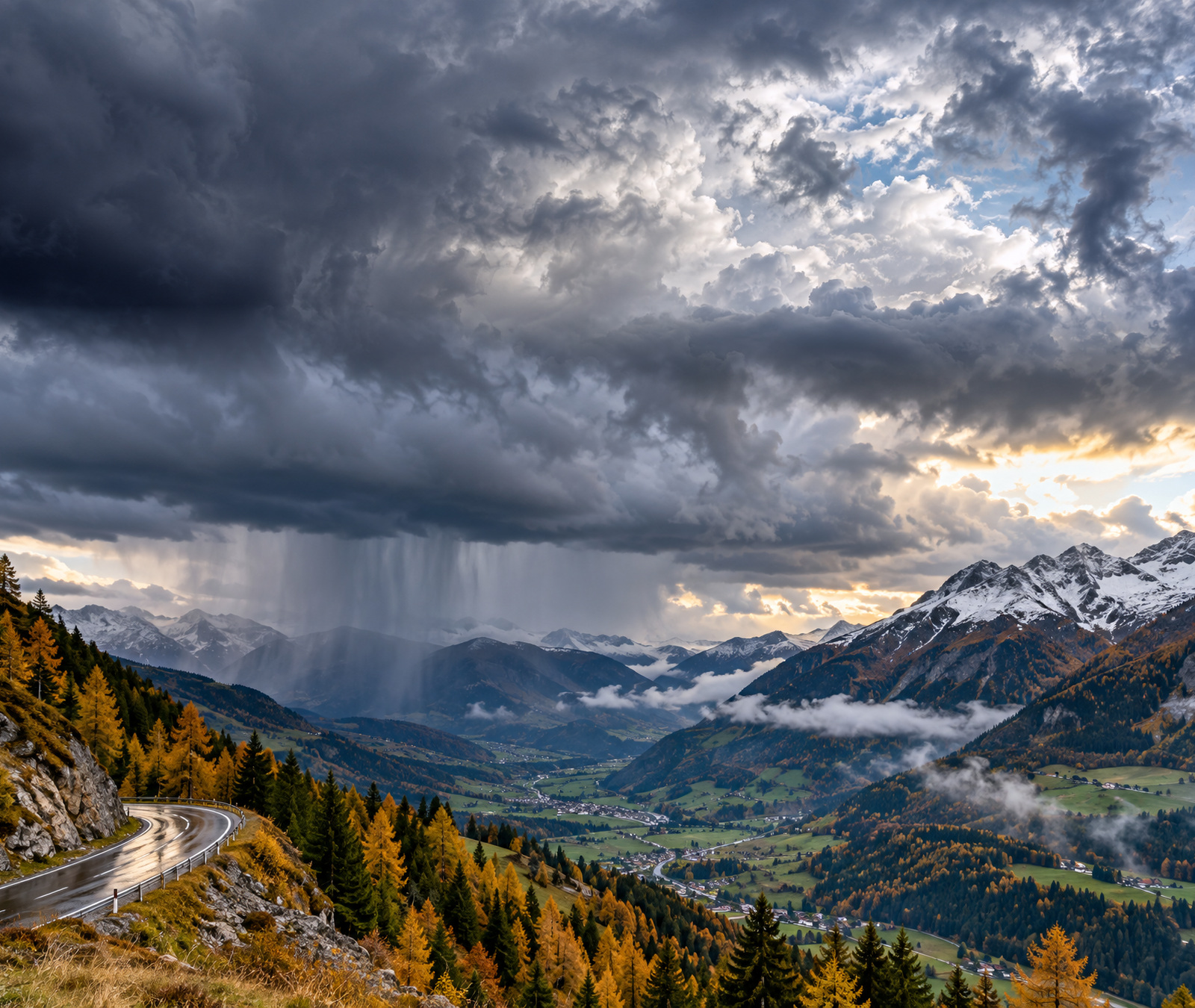 Symbolbild für wechselhaftes Herbstwetter in den österreichischen Alpen mit Regenwolken und Schnee auf hohen Gipfeln