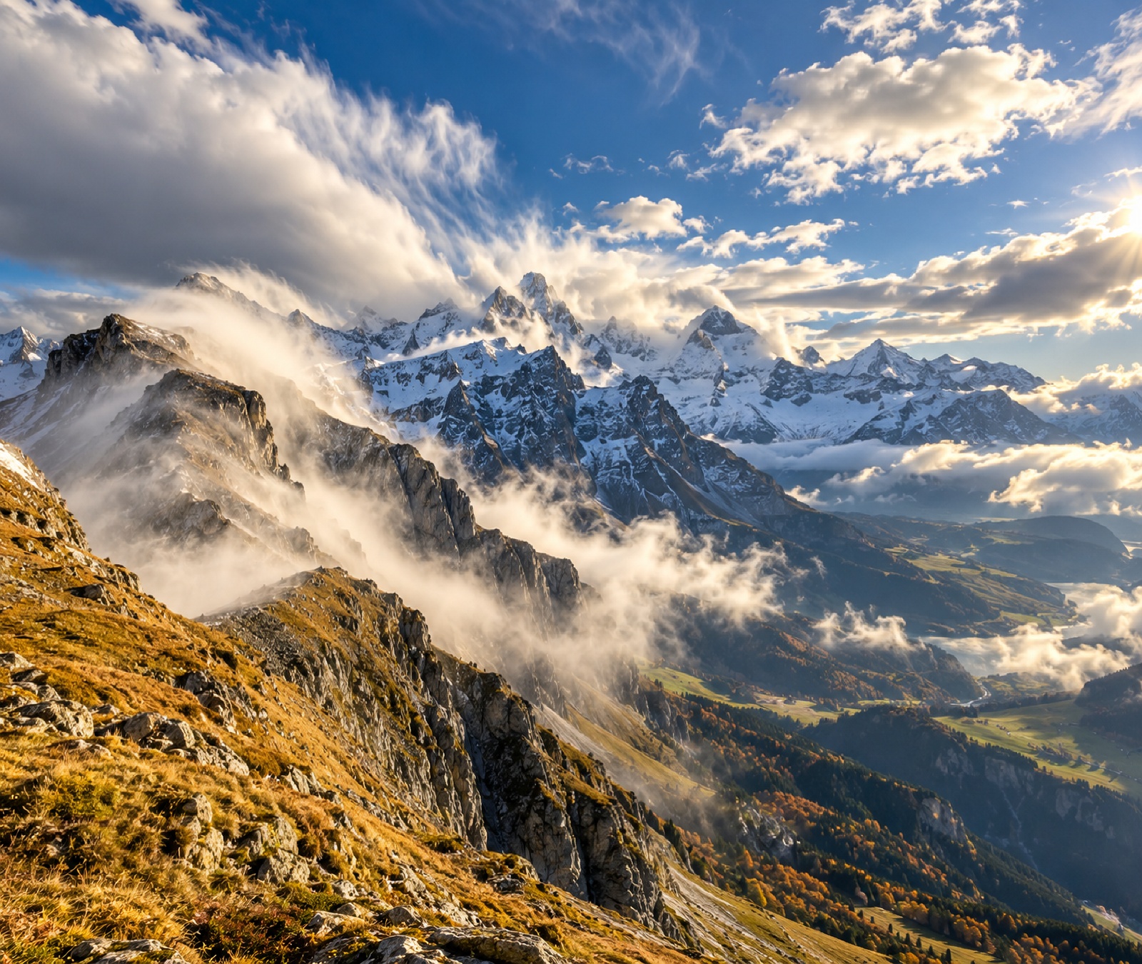 Föhnig-windige österreichische Hochalpen mit aufreissenden Wolken und herbstlichen Hängen als Symbolbild für die Wetterbesserung nach der Front.