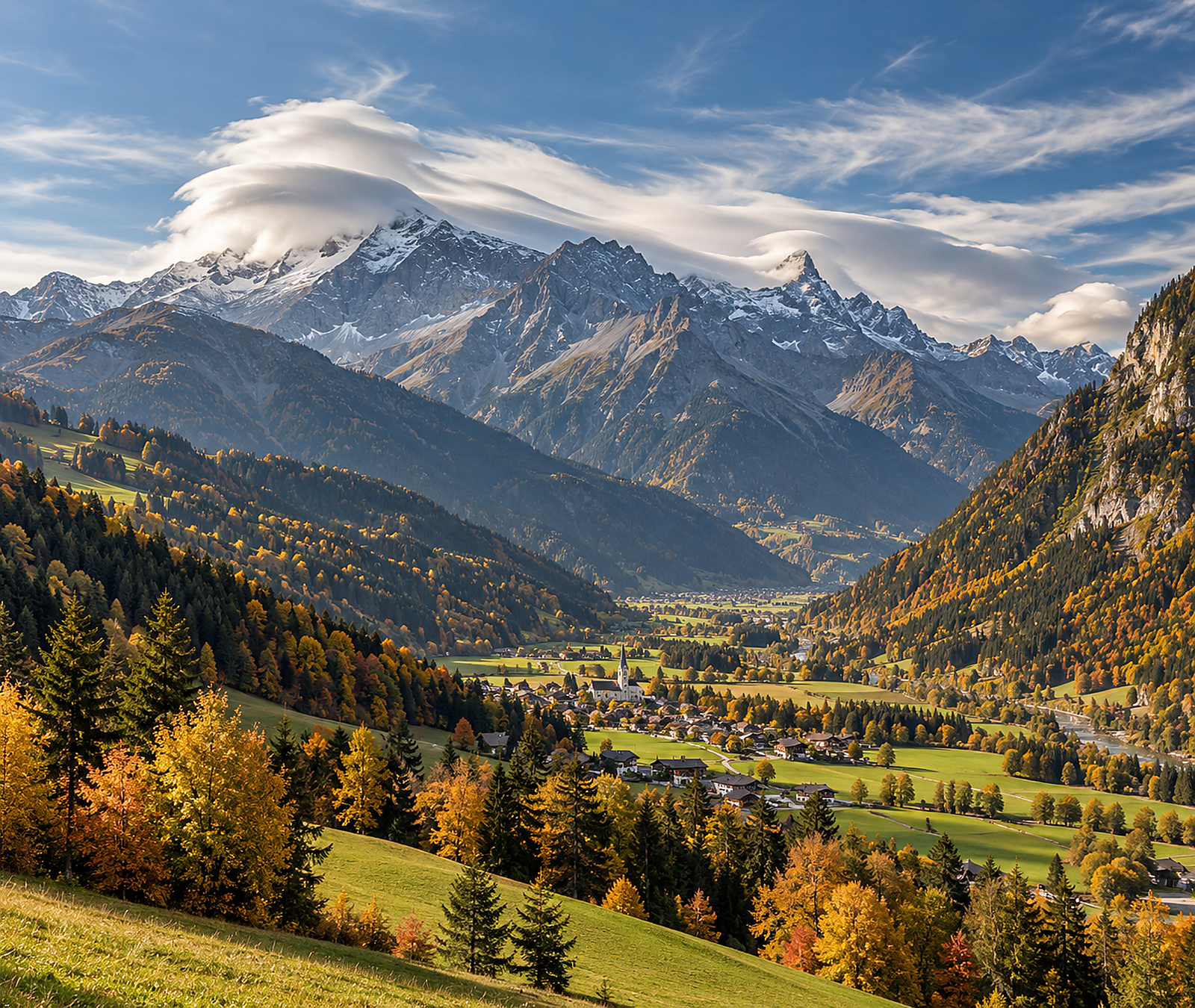 Österreichisches Alpental im Herbst mit Föhnwolken und sonnigen Abschnitten als Symbolbild für den warmen Mittwoch.