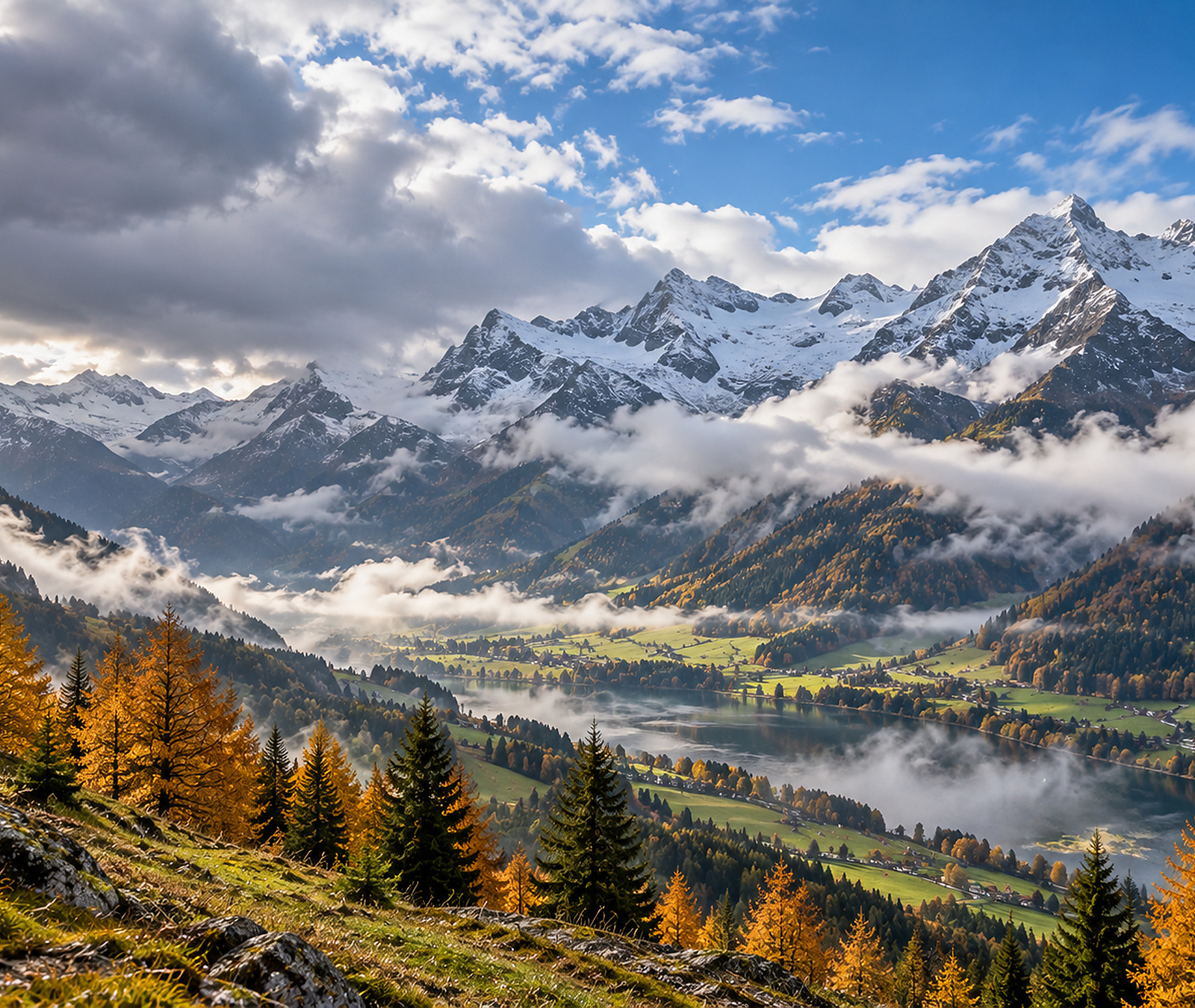 Österreichisches Alpental mit Herbstwald, Restwolken und frischem Schnee auf hohen Gipfeln als Symbolbild für das Bergwetter bis Samstagabend.