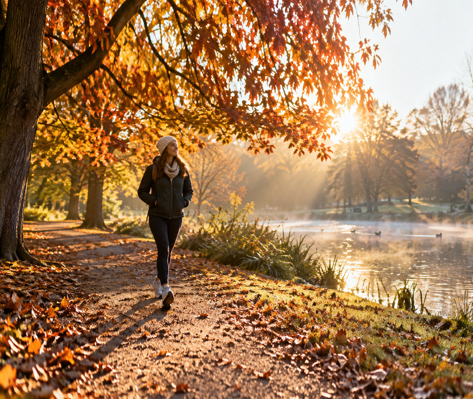 Spaziergängerin im herbstlichen Park am See, Symbolbild