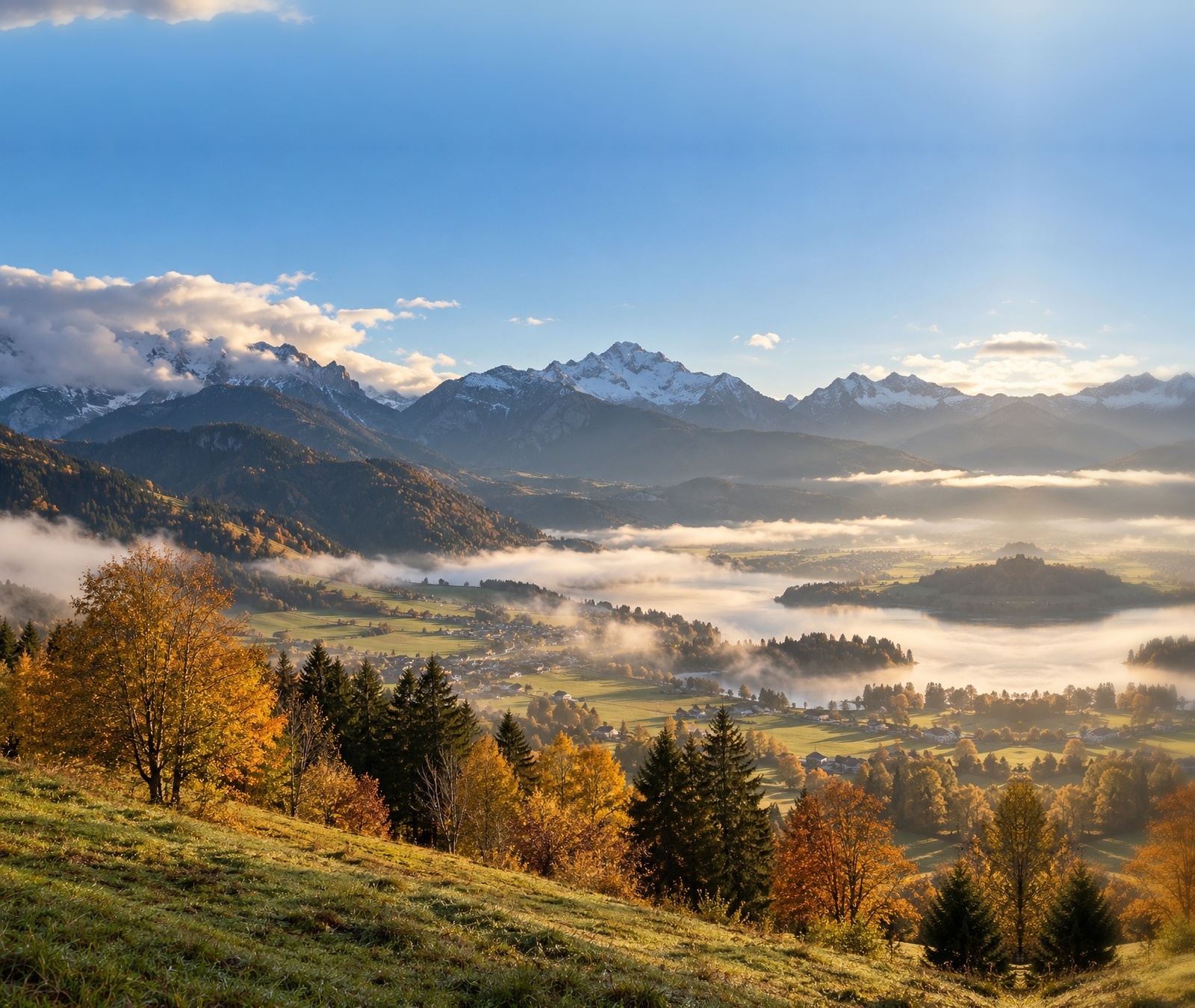 Goldenes alpines Tal in Österreich mit klarer Luft, Herbstfarben und Sonne als Symbolbild für das freundliche Tageswetter.