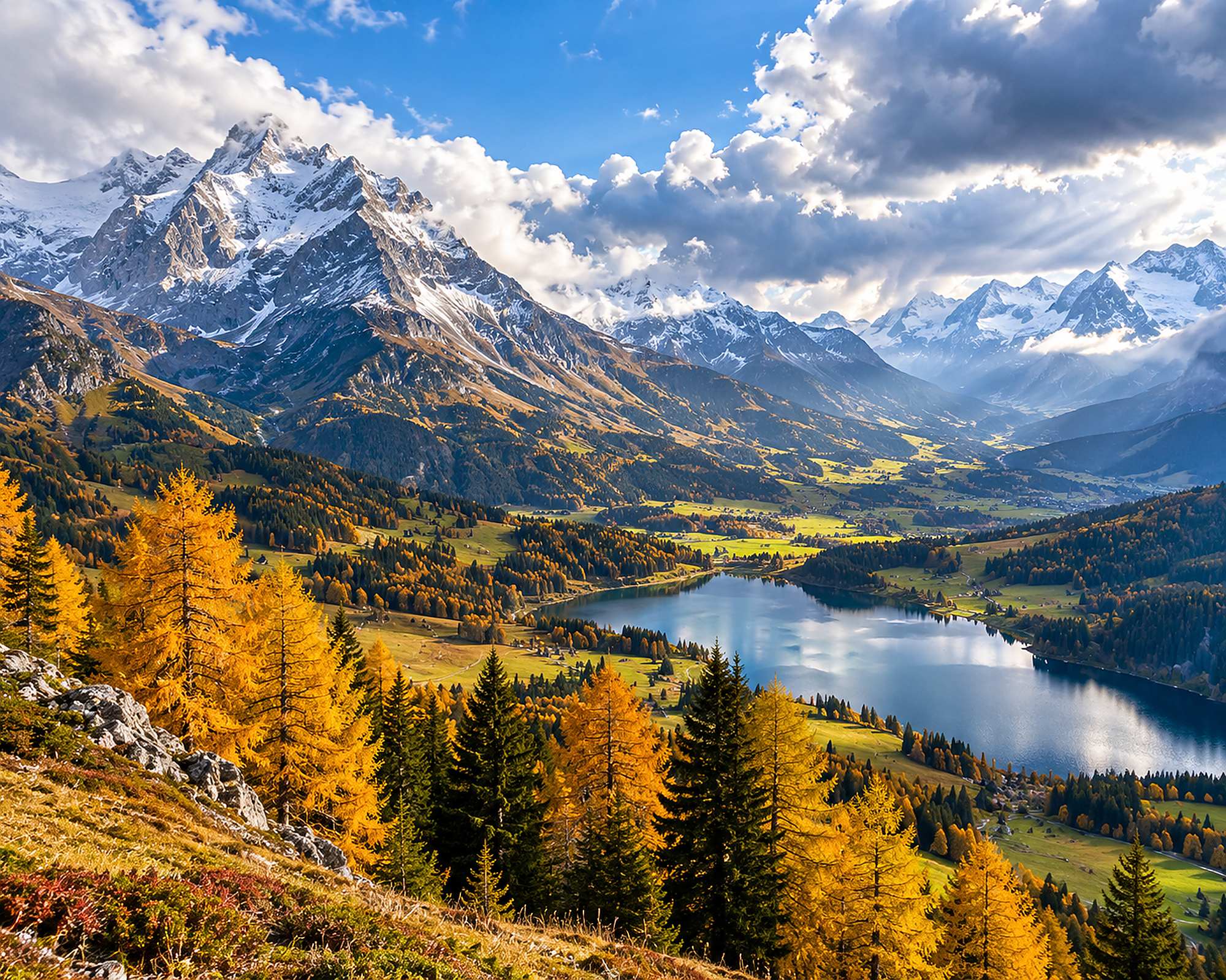 Herbstliche österreichische Alpen mit goldenen Lärchen, See und wechselnden Wolken